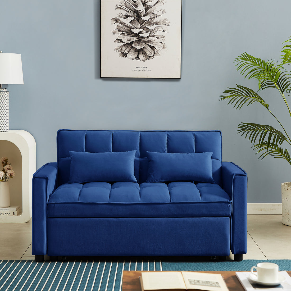 Modern Velvet Convertible Loveseat Sleeper Sofa Couch With Adjustable Backrest, 2 Seater Sofa With Pull Out Bed With 2 Lumbar Pillows For Small Living Room & Apartment Blue Foam Velvet