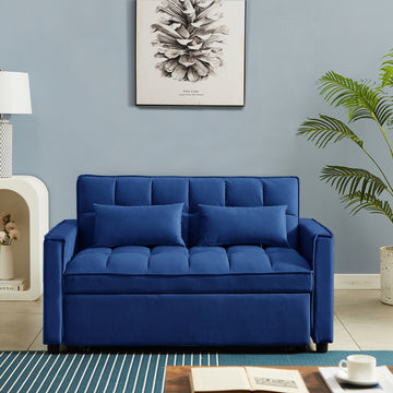 Modern Velvet Convertible Loveseat Sleeper Sofa Couch With Adjustable Backrest, 2 Seater Sofa With Pull Out Bed With 2 Lumbar Pillows For Small Living Room & Apartment Blue Foam Velvet