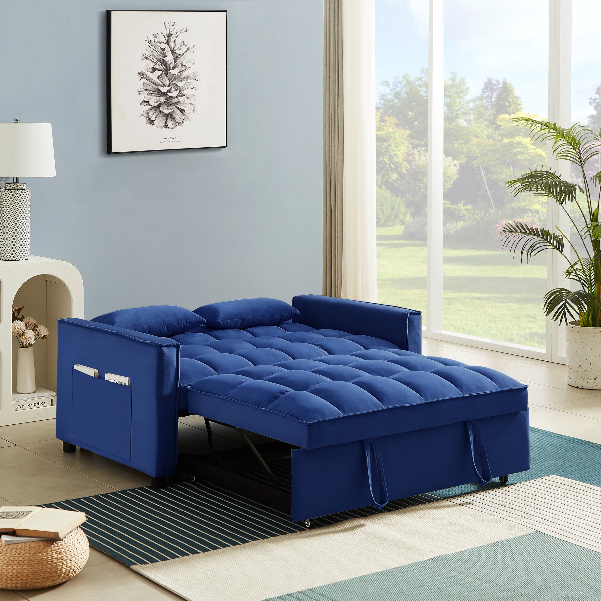 Modern Velvet Convertible Loveseat Sleeper Sofa Couch With Adjustable Backrest, 2 Seater Sofa With Pull Out Bed With 2 Lumbar Pillows For Small Living Room & Apartment Blue Foam Velvet