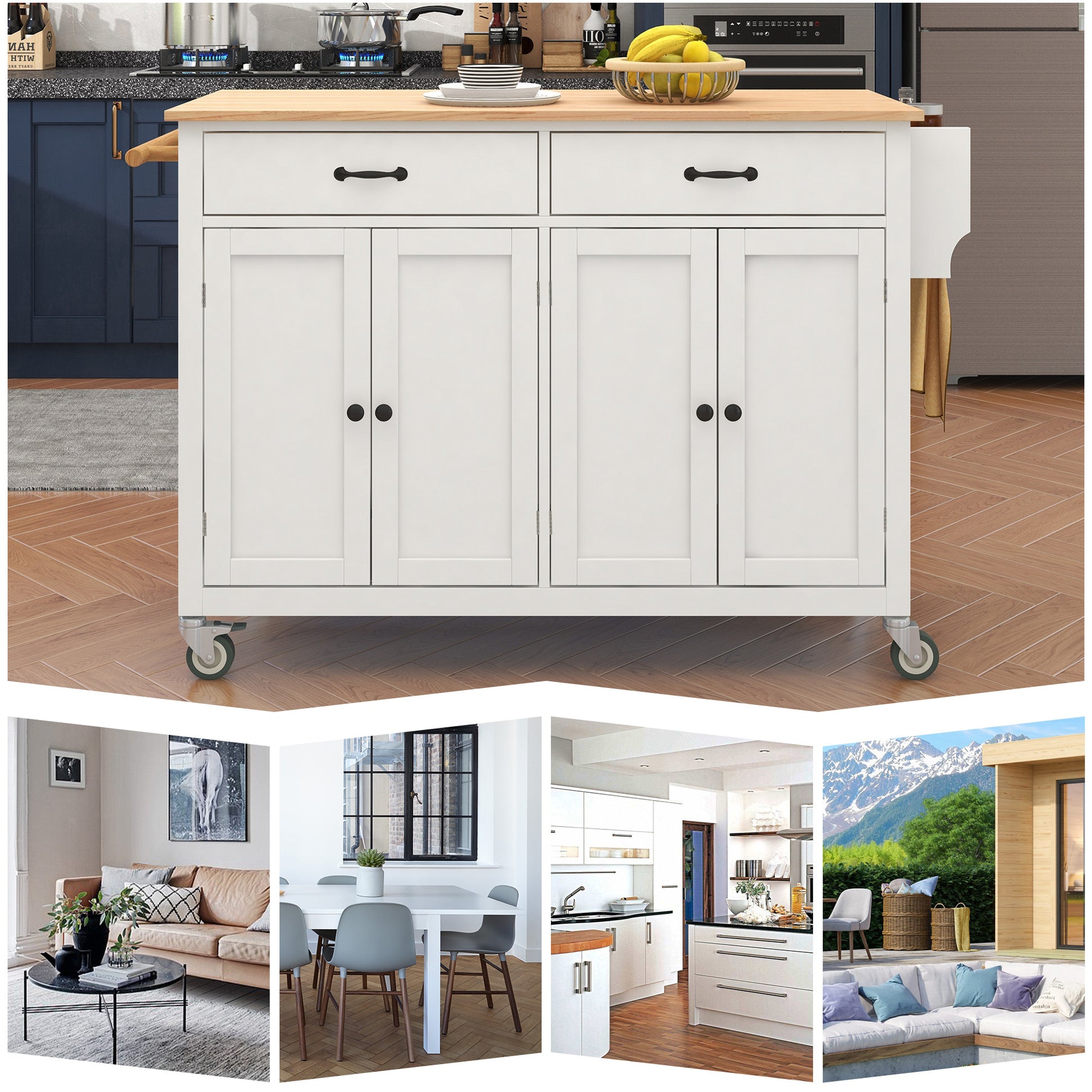 Kitchen Island Cart With Solid Wood Top And Locking Wheels,54.3 Inch Width,4 Door Cabinet And Two Drawers,Spice Rack, Towel Rack White White Mdf