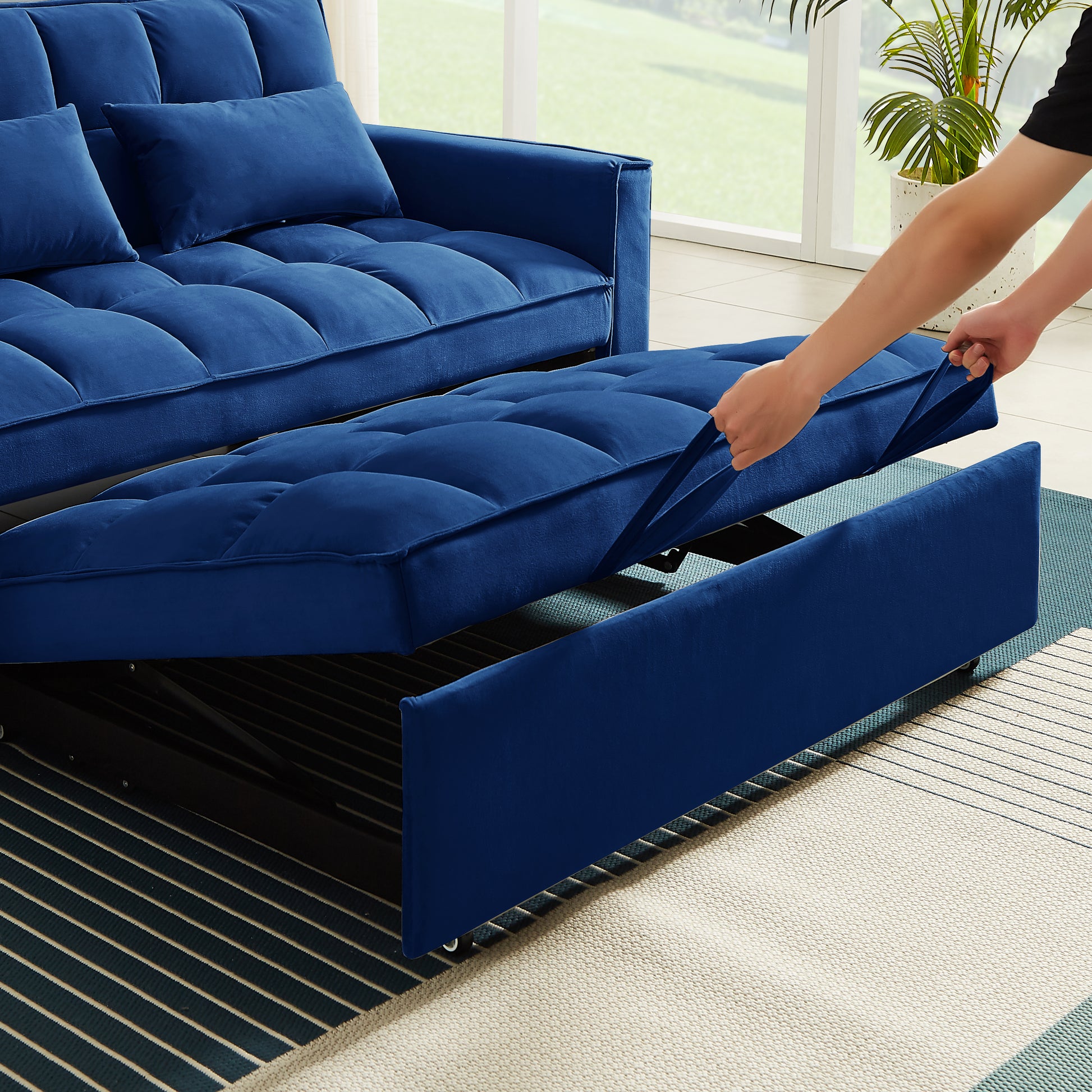 Modern Velvet Convertible Loveseat Sleeper Sofa Couch With Adjustable Backrest, 2 Seater Sofa With Pull Out Bed With 2 Lumbar Pillows For Small Living Room & Apartment Blue Foam Velvet