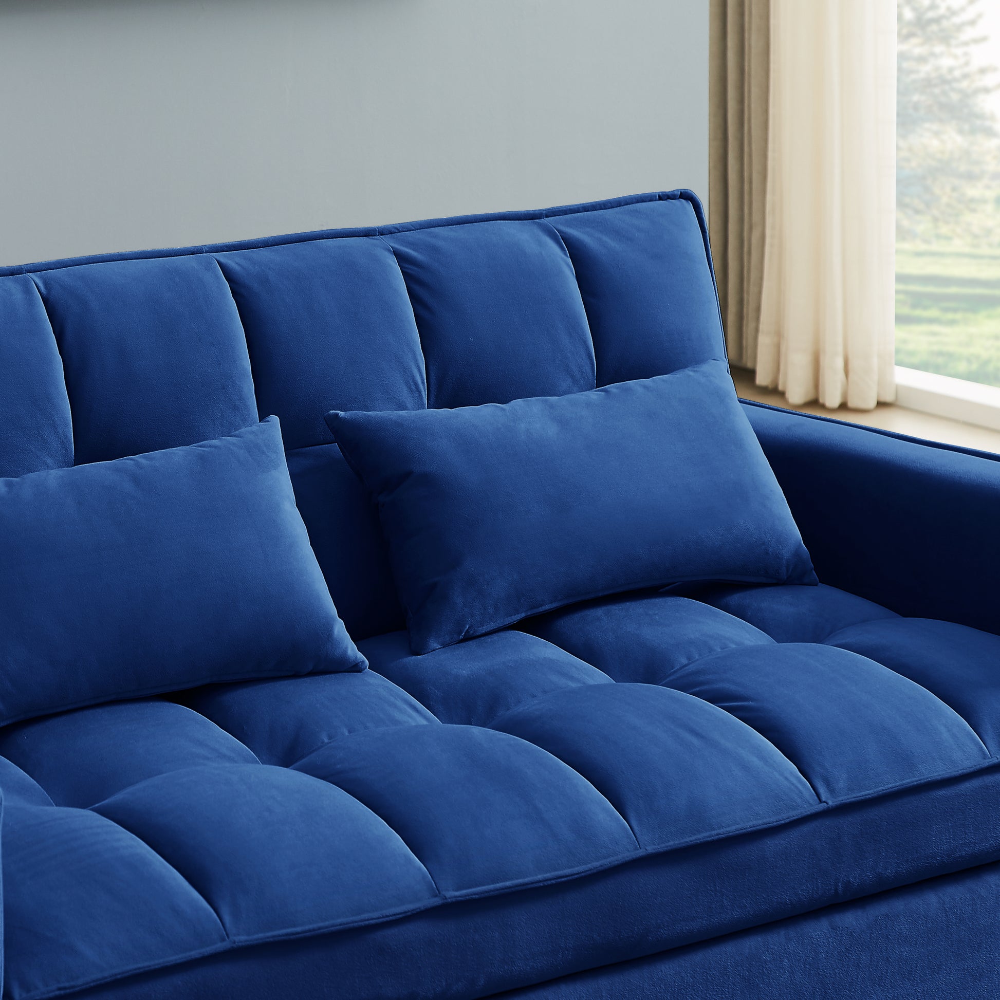Modern Velvet Convertible Loveseat Sleeper Sofa Couch With Adjustable Backrest, 2 Seater Sofa With Pull Out Bed With 2 Lumbar Pillows For Small Living Room & Apartment Blue Foam Velvet