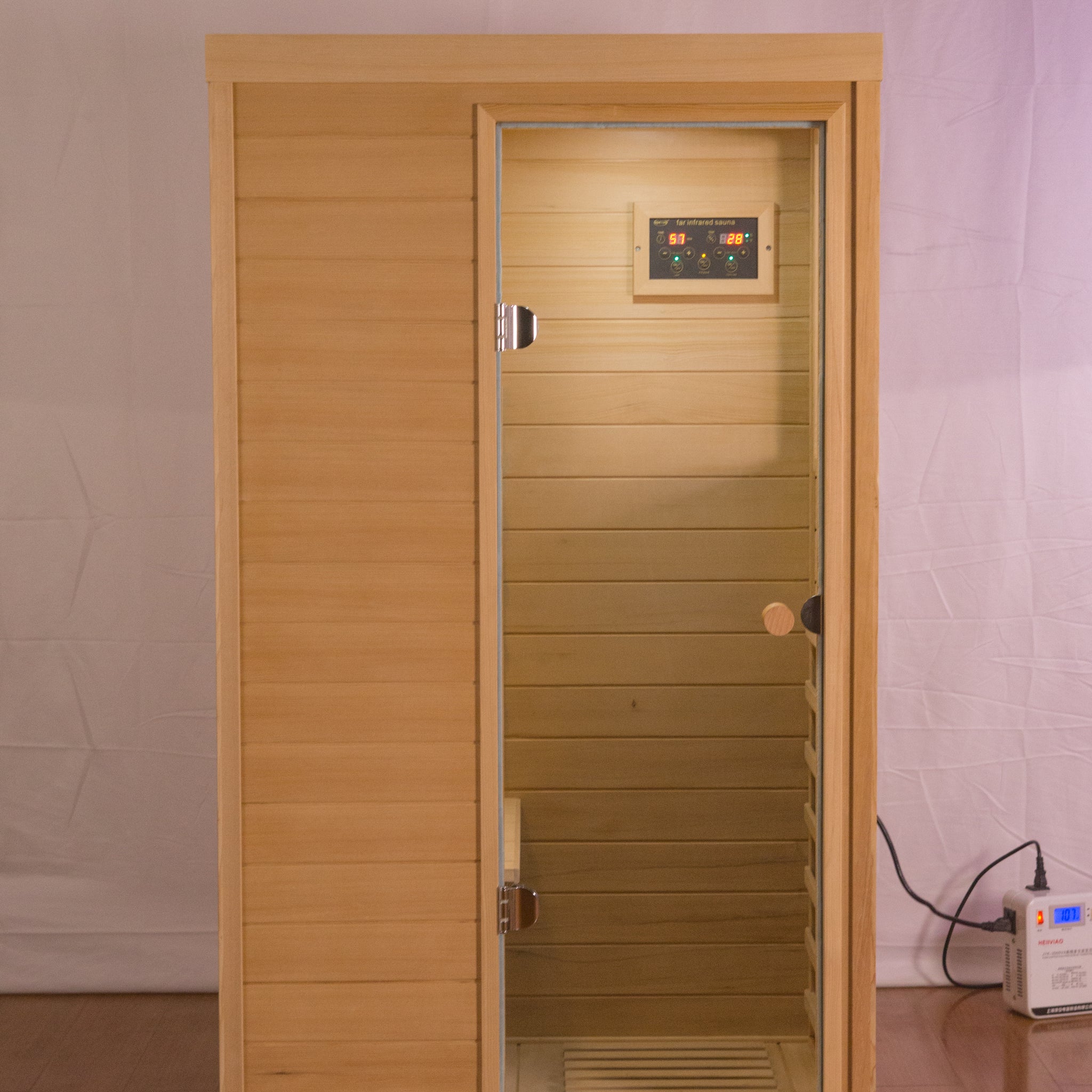Hemlock Mini One Person Far Infrared Door On The Right Of The Indoor Sauna Room Natural Solid Wood