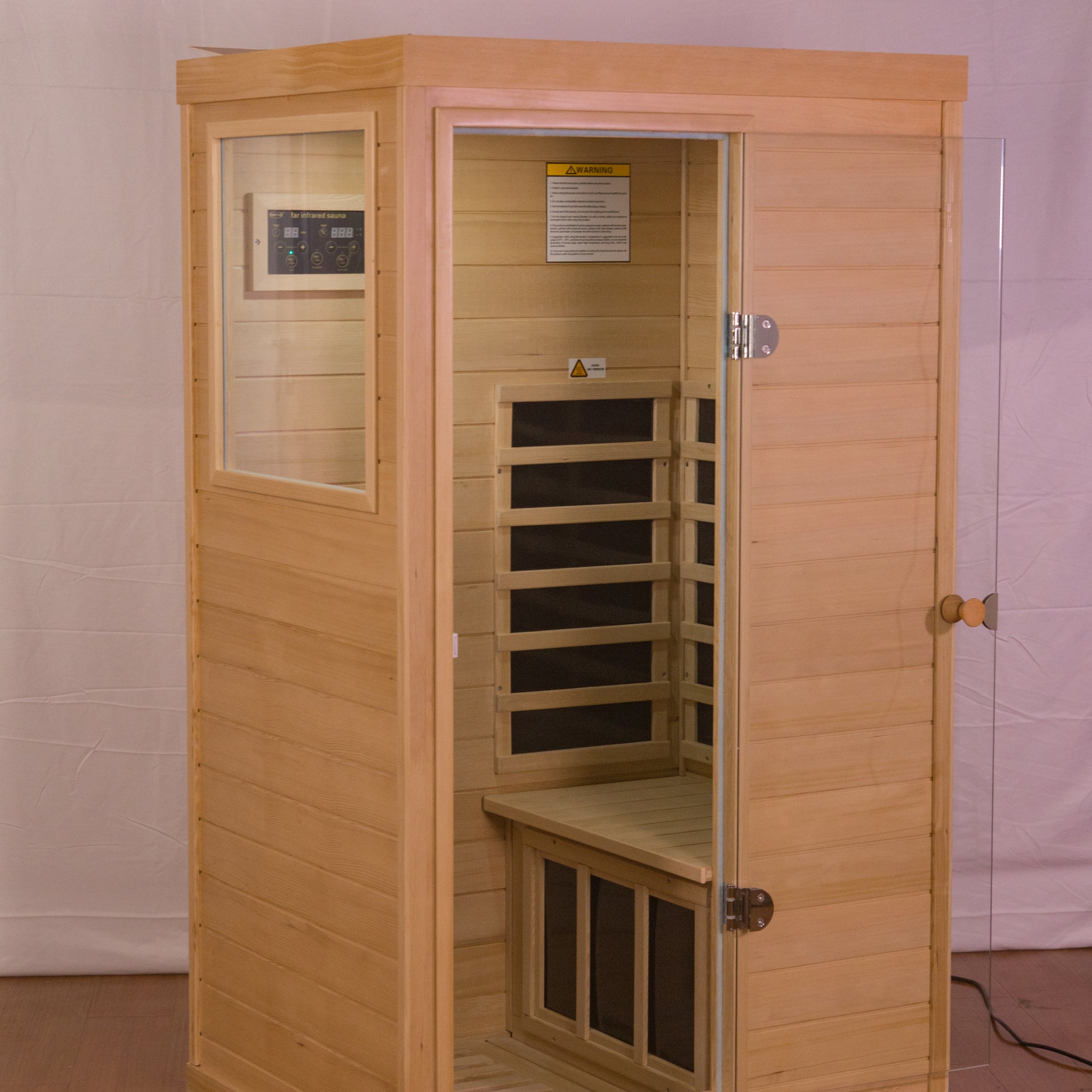 Hemlock Mini One Person Far Infrared Door On The Left Of The Indoor Sauna Room Natural Solid Wood