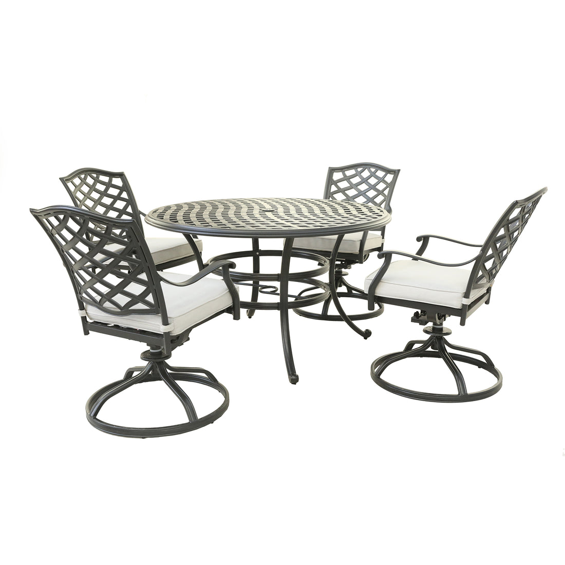 Aluminum 5 Piece Round Dining Set With 4 Swivel Rockers, Cast Silver Brown Ivory Polyester Aluminum