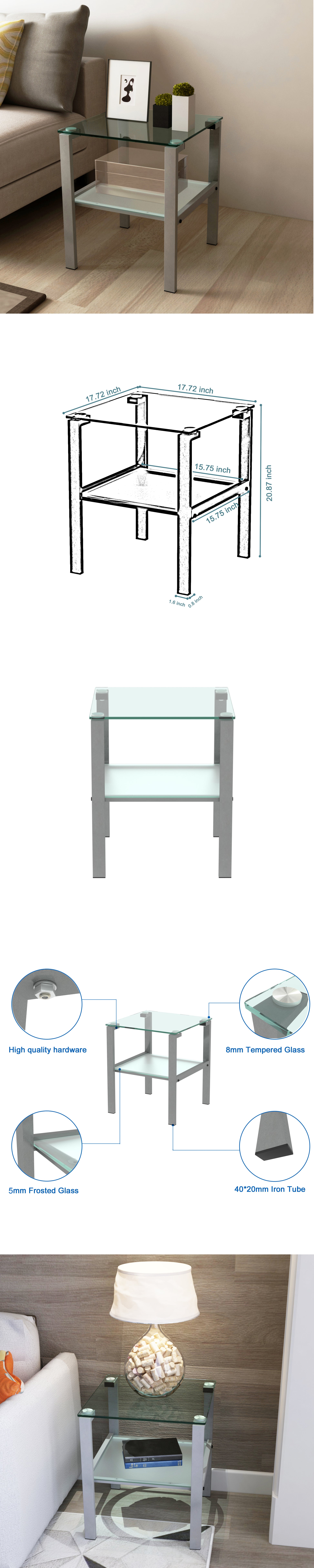 Glass Two Layer Tea Table, Small Round Table, Bedroom Corner Table, Living Room Grey Side Table Gray Glass