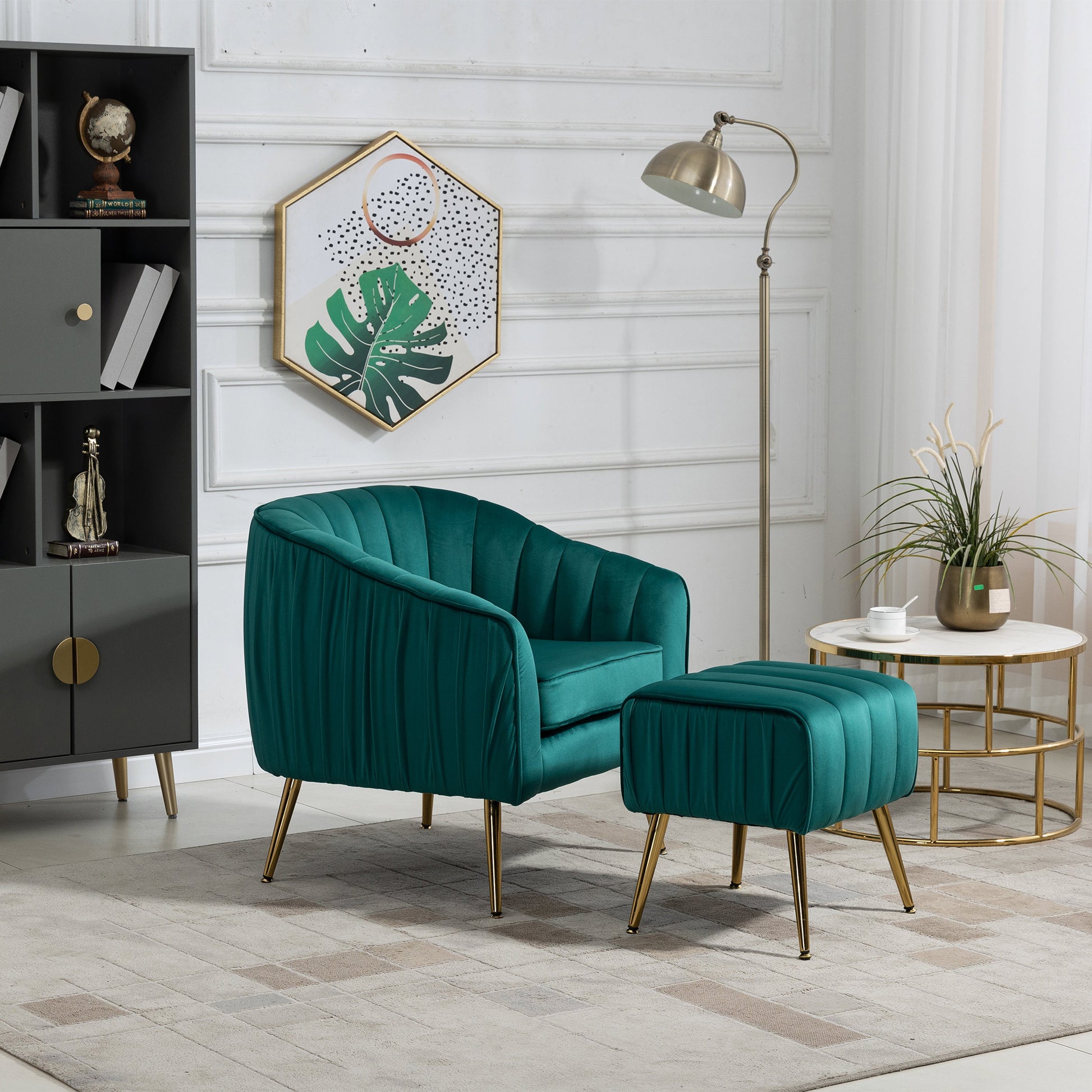 Velvet Accent Chair With Ottoman, Modern Tufted Barrel Chair Ottoman Set For Living Room Bedroom, Golden Finished, Christmas Green Green Foam Velvet