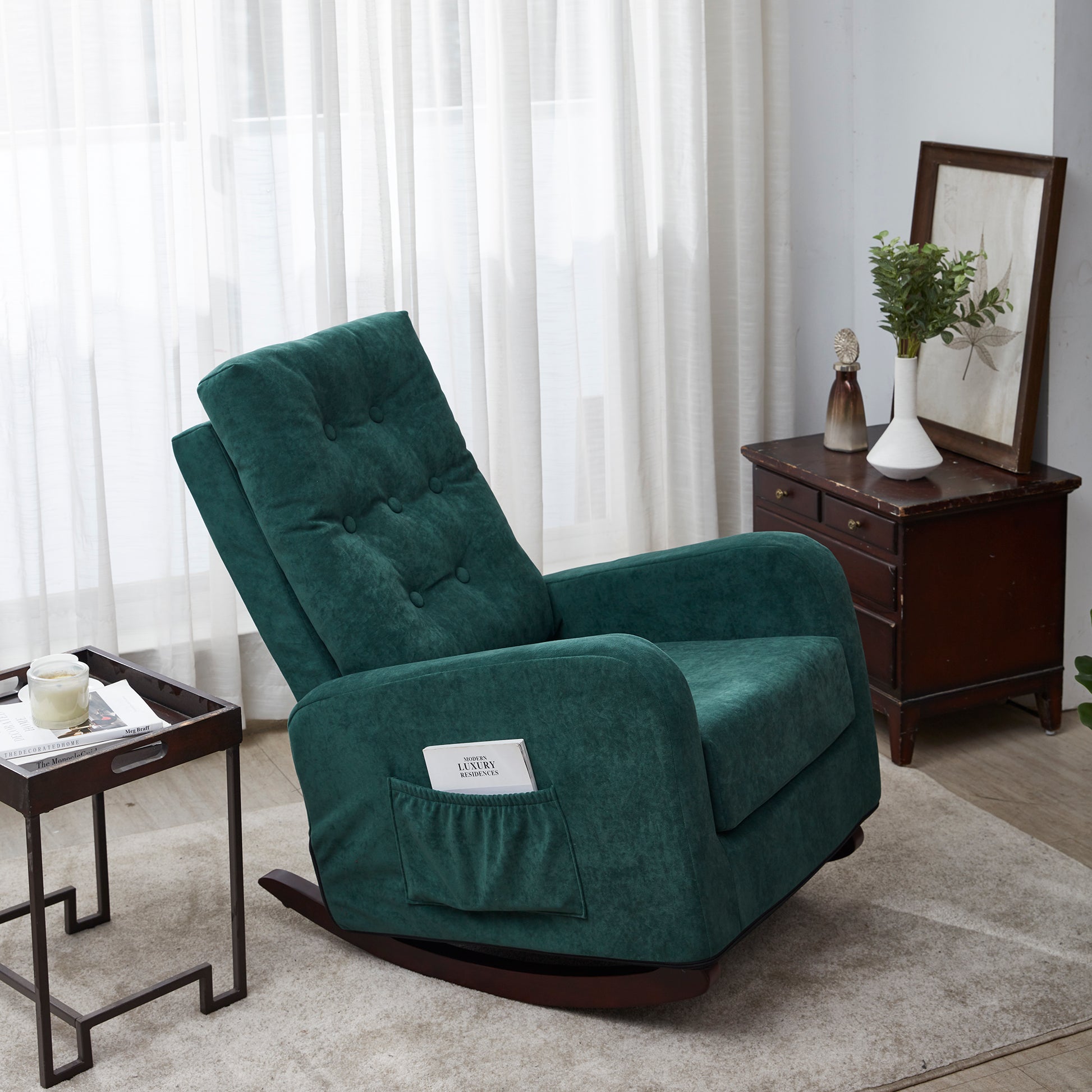 Accent Chair Tv Chair Living Room Chair Lazy Recliner Comfortable Fabric Leisure Sofa,Modern High Back Armchair Antique Green Metal & Wood Metal