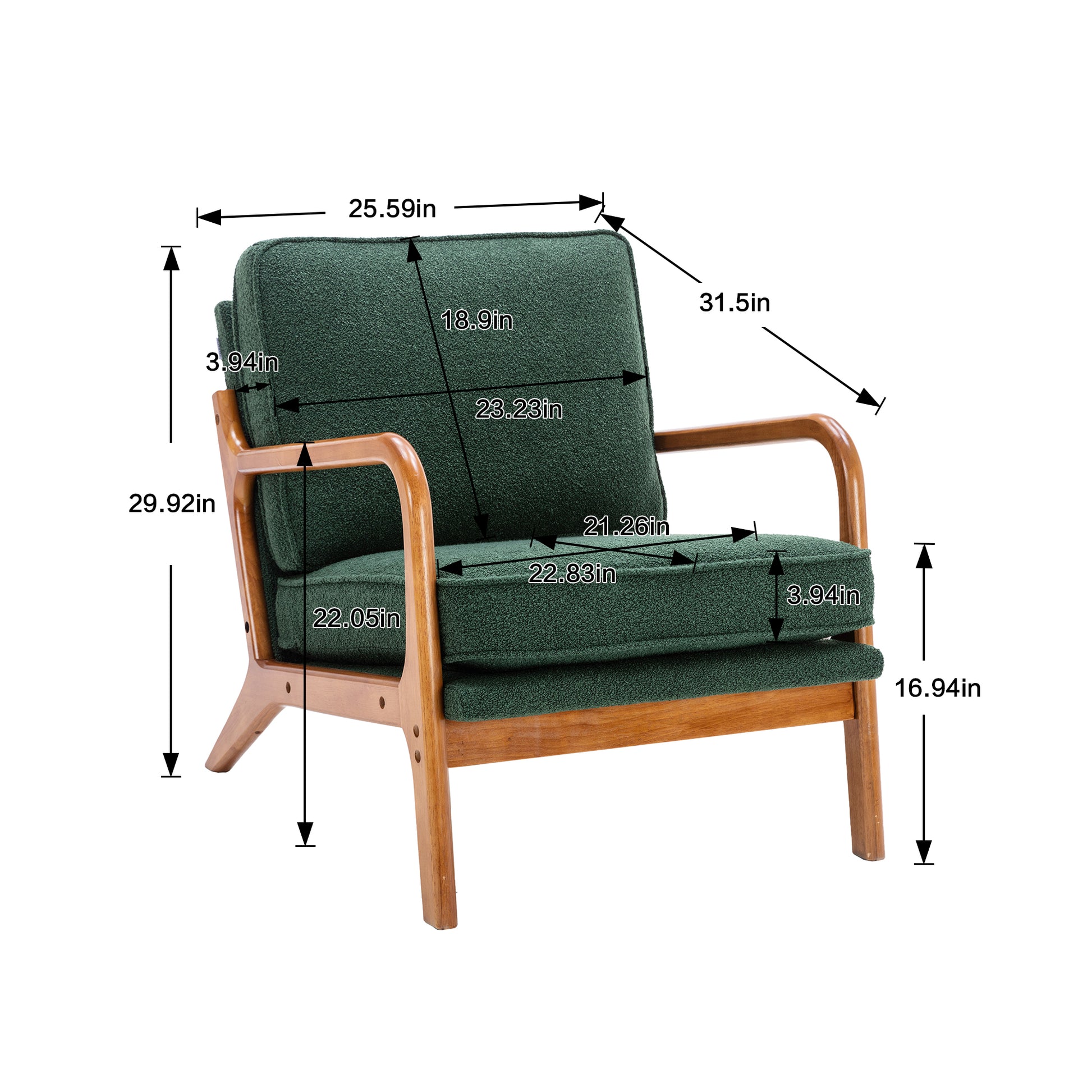 Coolmore Mid Century Modern Accent Chair, Comfy Fabric Living Room Chairs With Solid Wood Frame, Lounge Reading Armchair, Easy Assembly Emerald Emerald Primary Living Space Foam Boucle