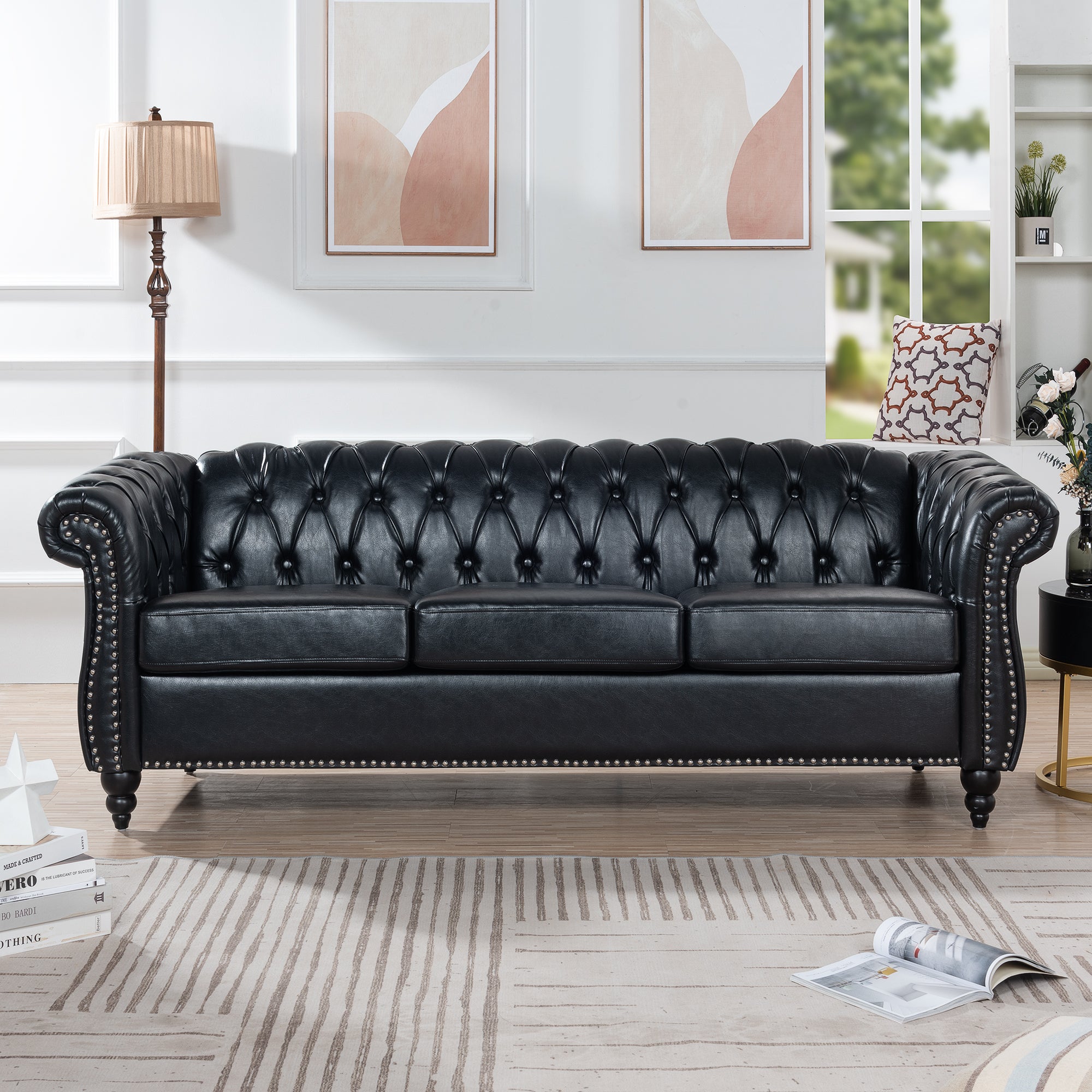 84.65" Black Pu Rolled Arm Chesterfield Three Seater Sofa. Black Foam Pu