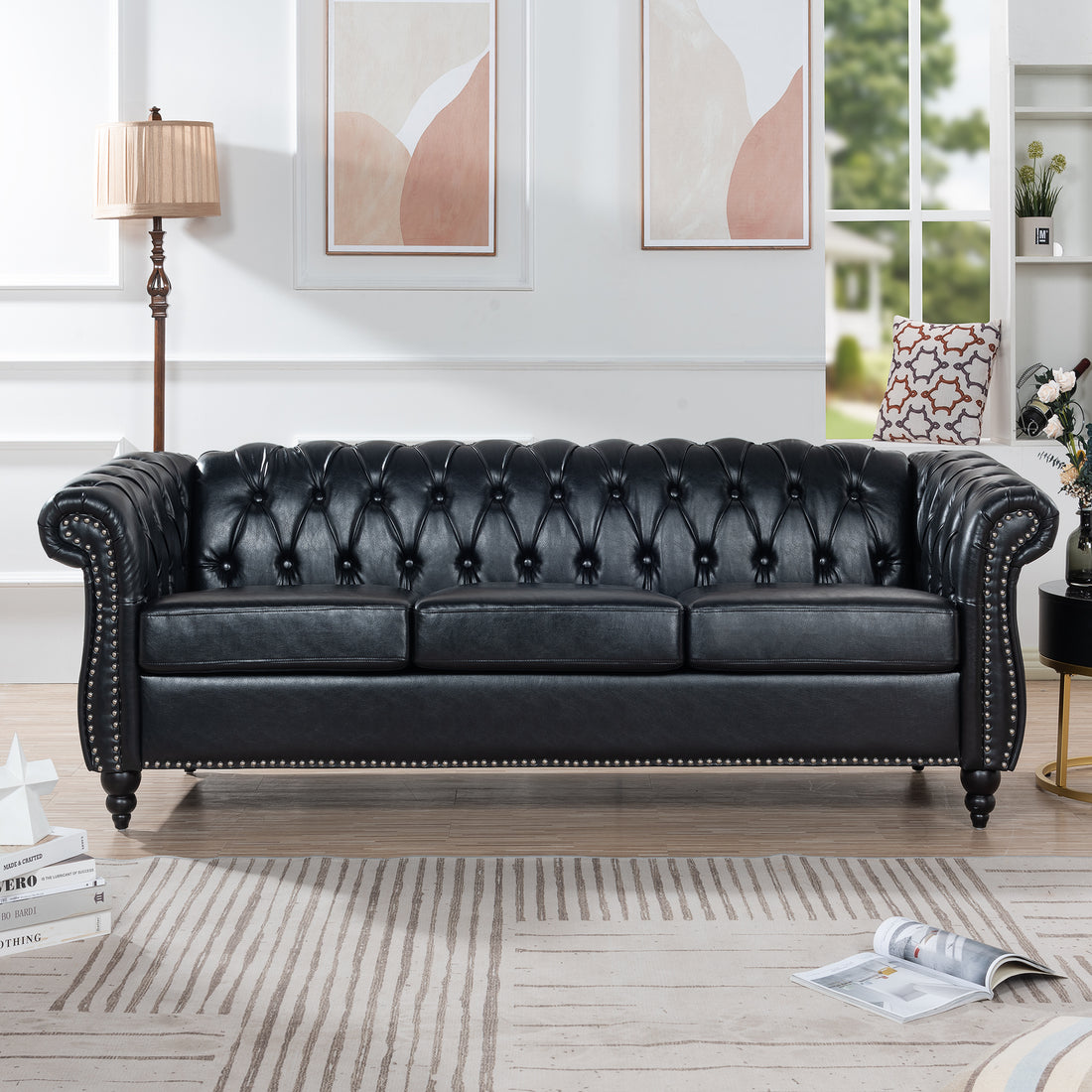 84.65" Black Pu Rolled Arm Chesterfield Three Seater Sofa. Black Foam Pu