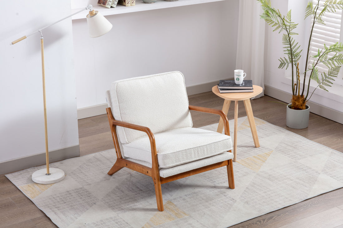 Coolmore Mid Century Modern Accent Chair, Comfy Fabric Living Room Chairs With Solid Wood Frame, Lounge Reading Armchair, Easy Assembly Beige Beige Primary Living Space Foam Boucle