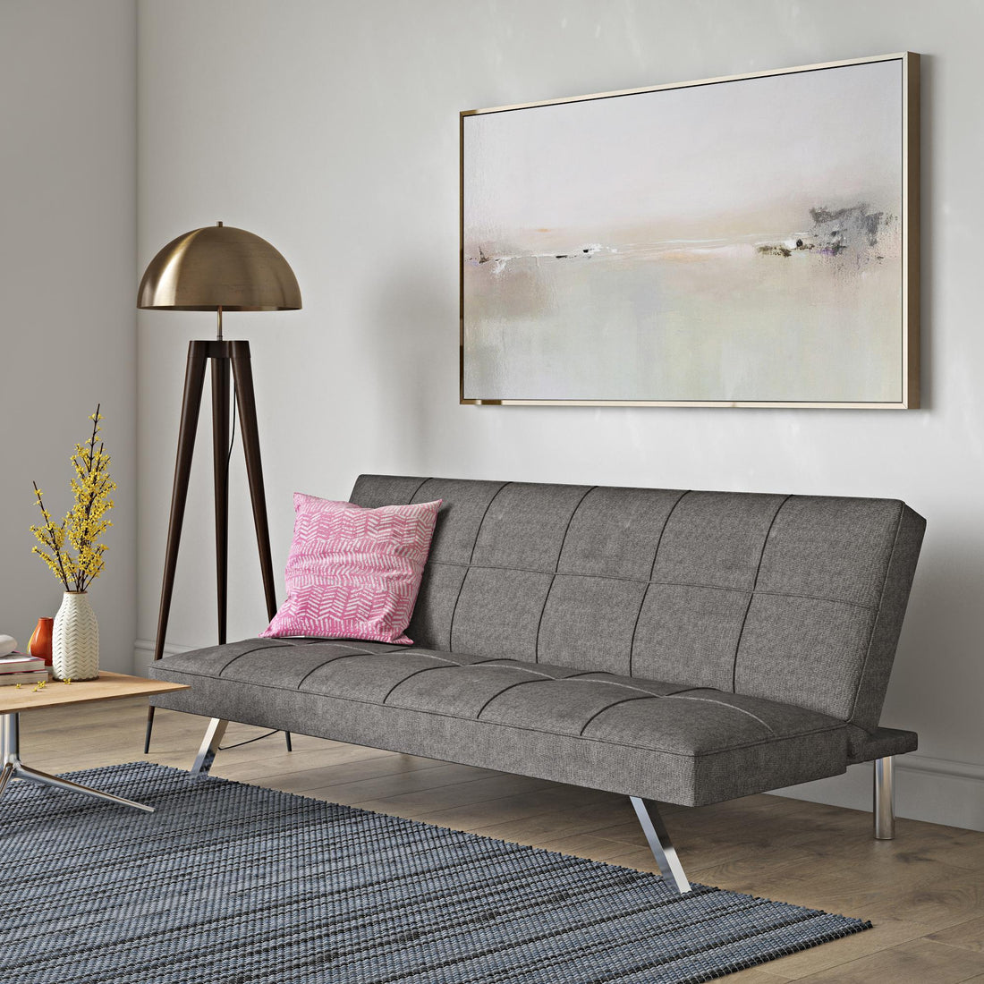 Metal Frame, Stainless Leg, Futon, Sofa Bed Grey Fabric