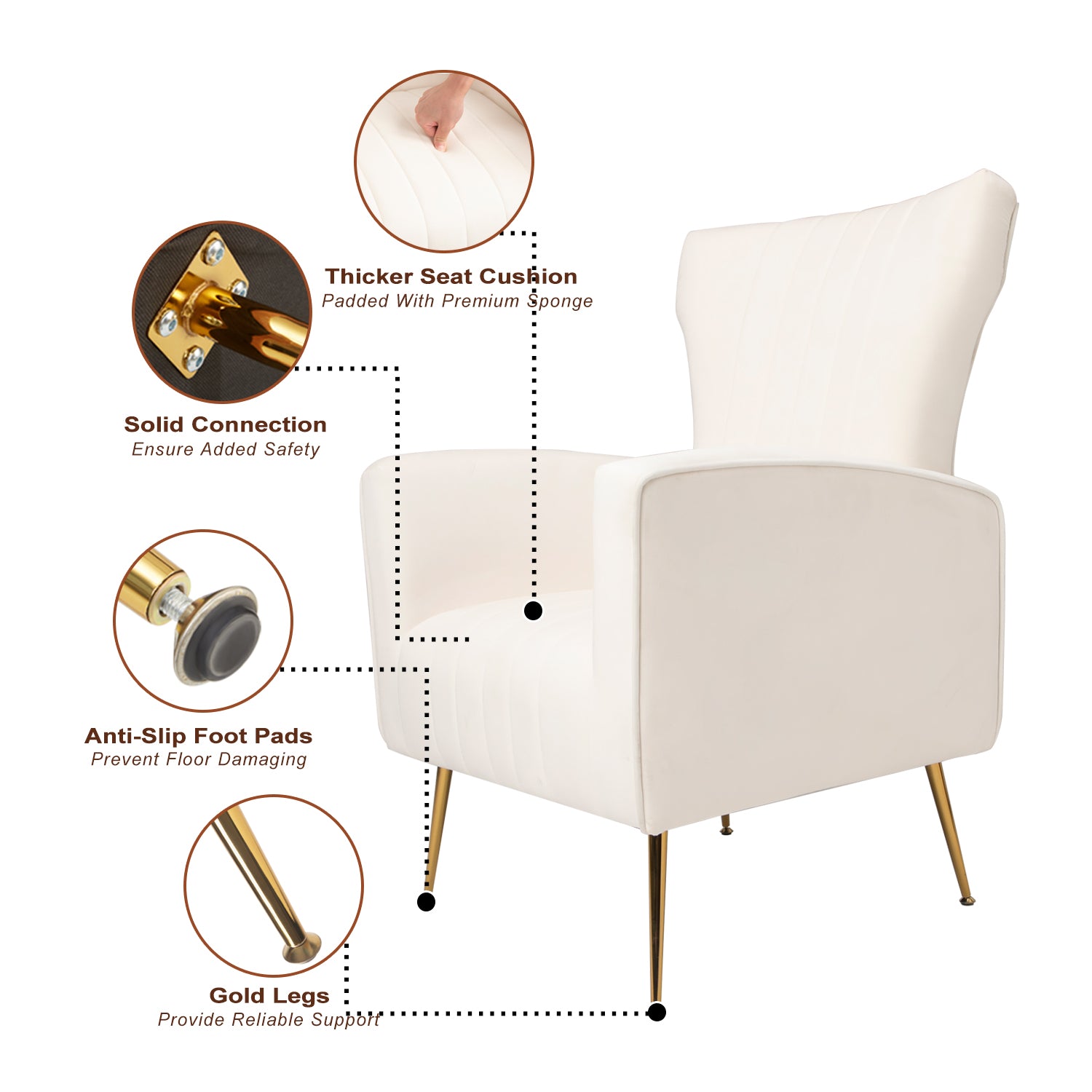 Velvet Accent Chair, Wingback Arm Chair With Gold Legs, Upholstered Single Sofa For Living Room Bedroom, White White Velvet 1 Seat