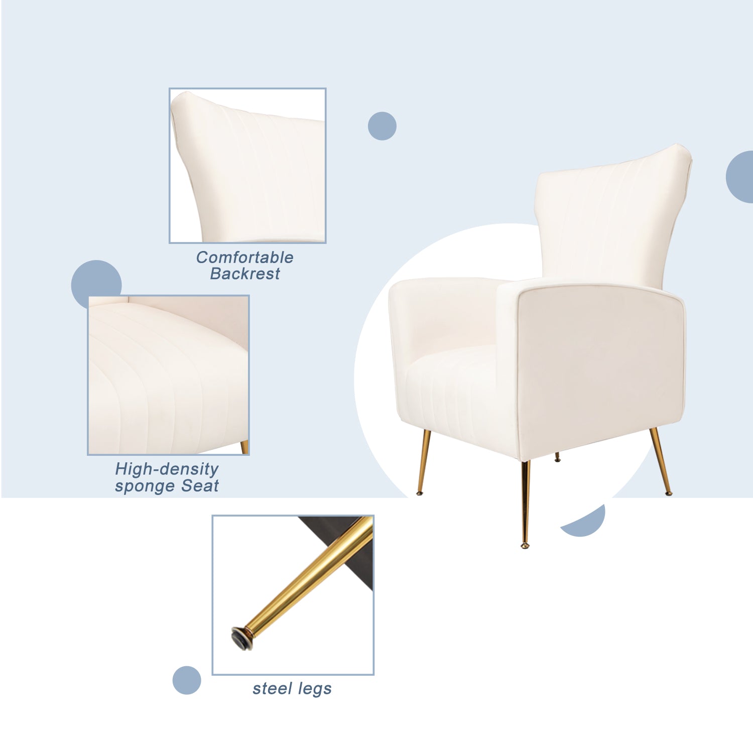 Velvet Accent Chair, Wingback Arm Chair With Gold Legs, Upholstered Single Sofa For Living Room Bedroom, White White Velvet 1 Seat