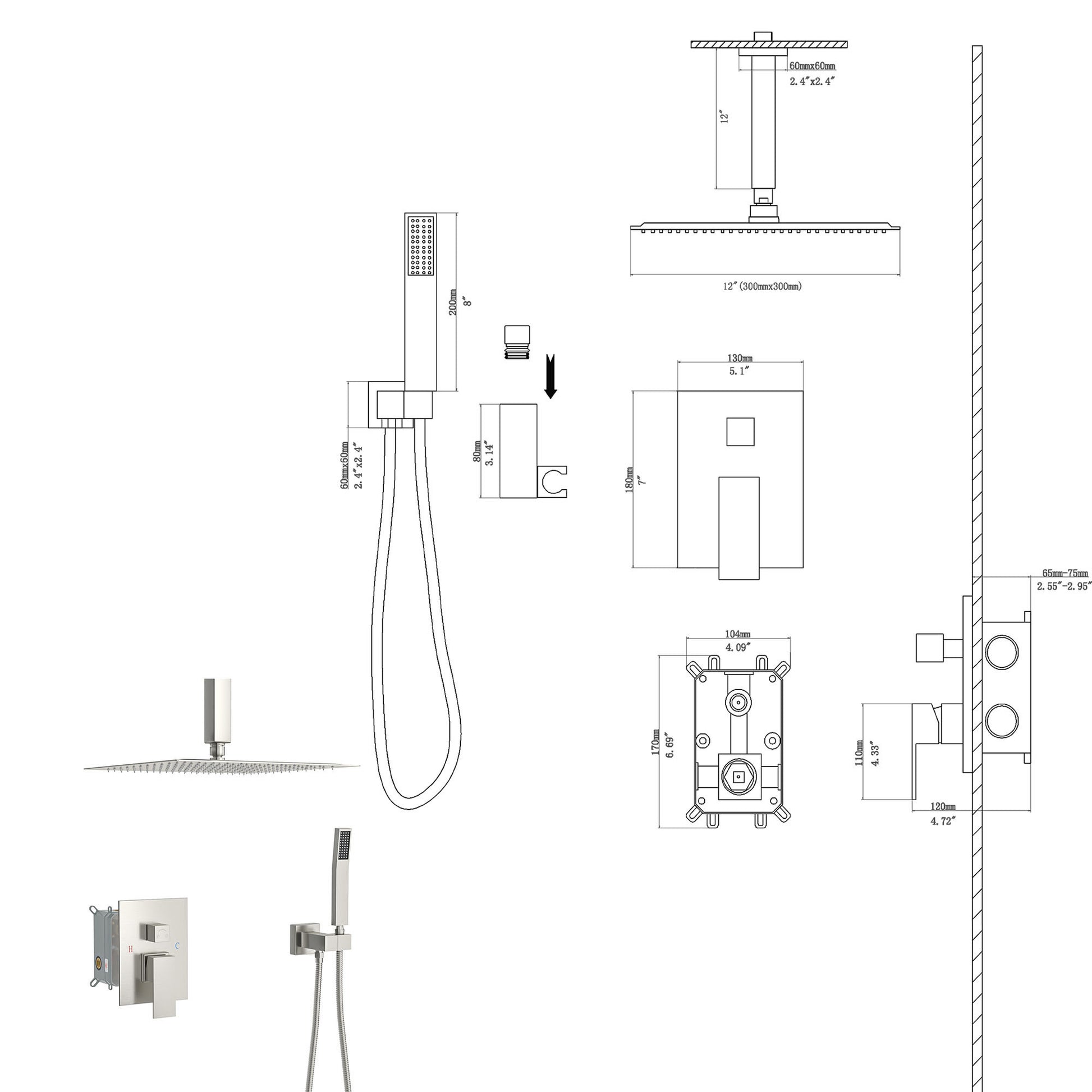 Dual Shower Head 12 Inch Ceiling Mount Square Shower System With Rough In Valve, Brushed Nickel Brushed Nickel Stainless Steel