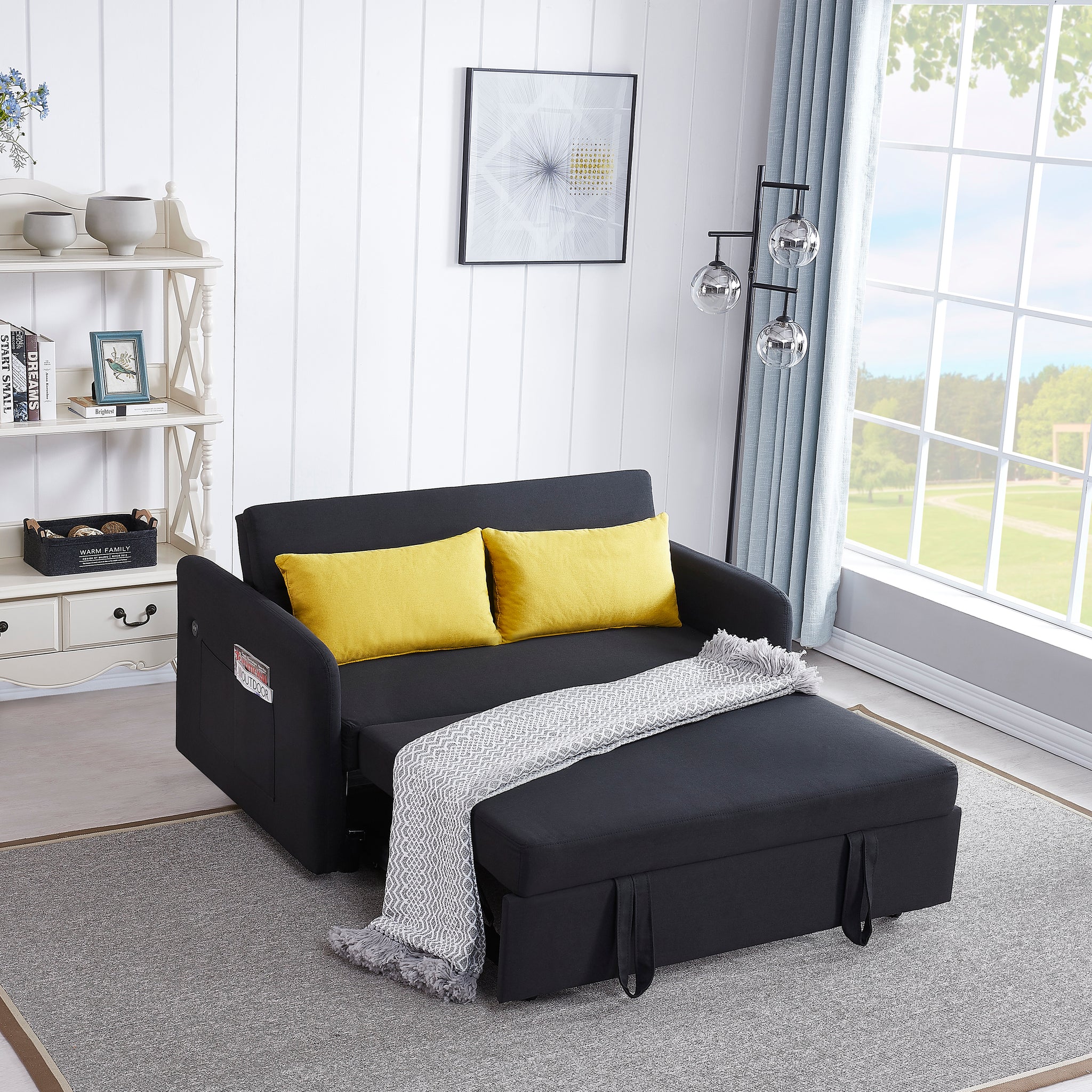 Twins Sofa Bed Black Fabric Black Foam Fabric