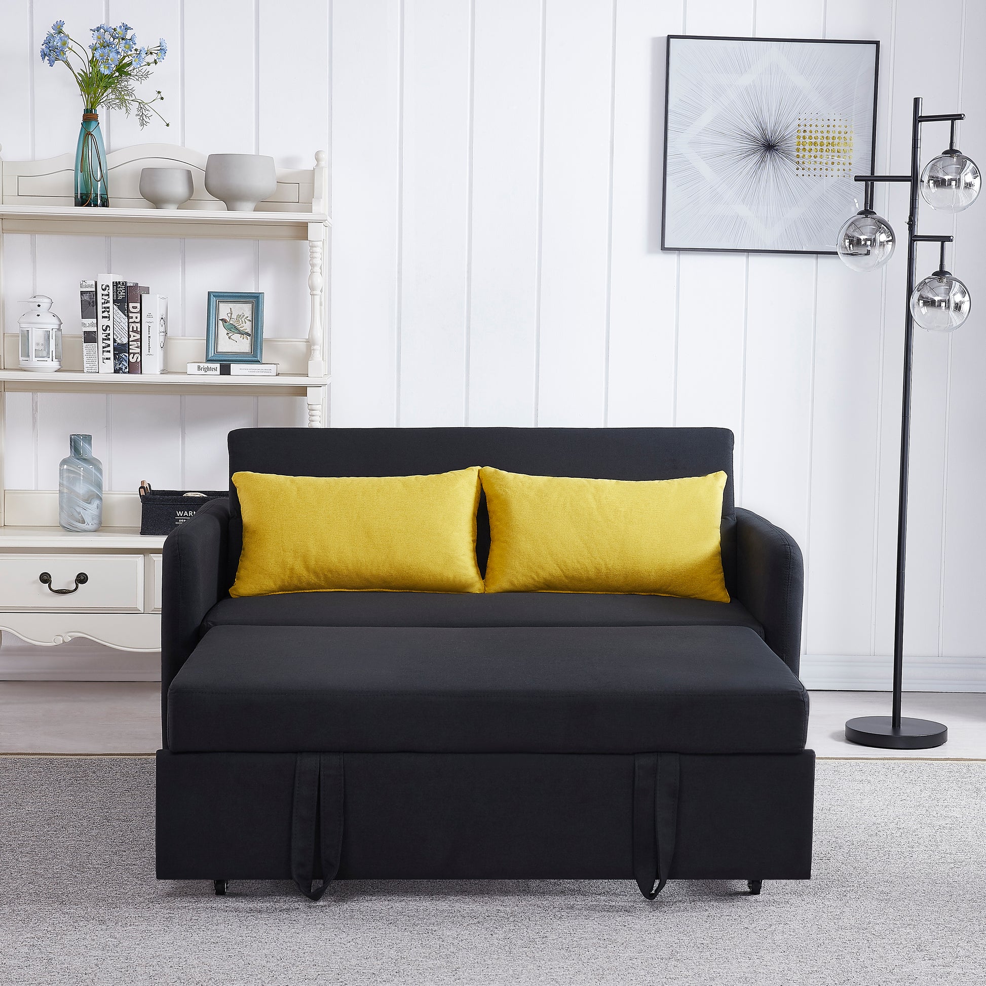 Twins Sofa Bed Black Fabric Black Foam Fabric
