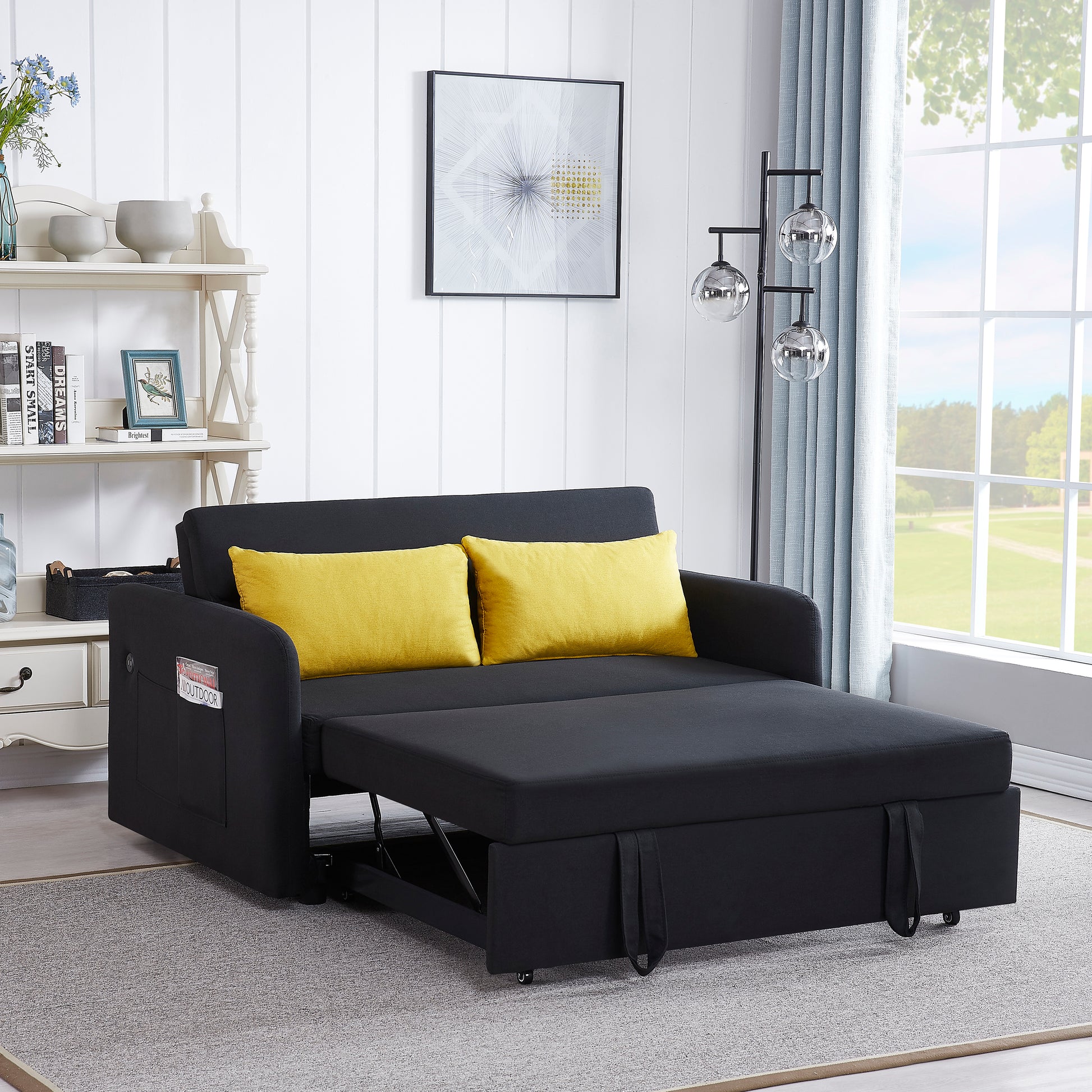 Twins Sofa Bed Black Fabric Black Foam Fabric
