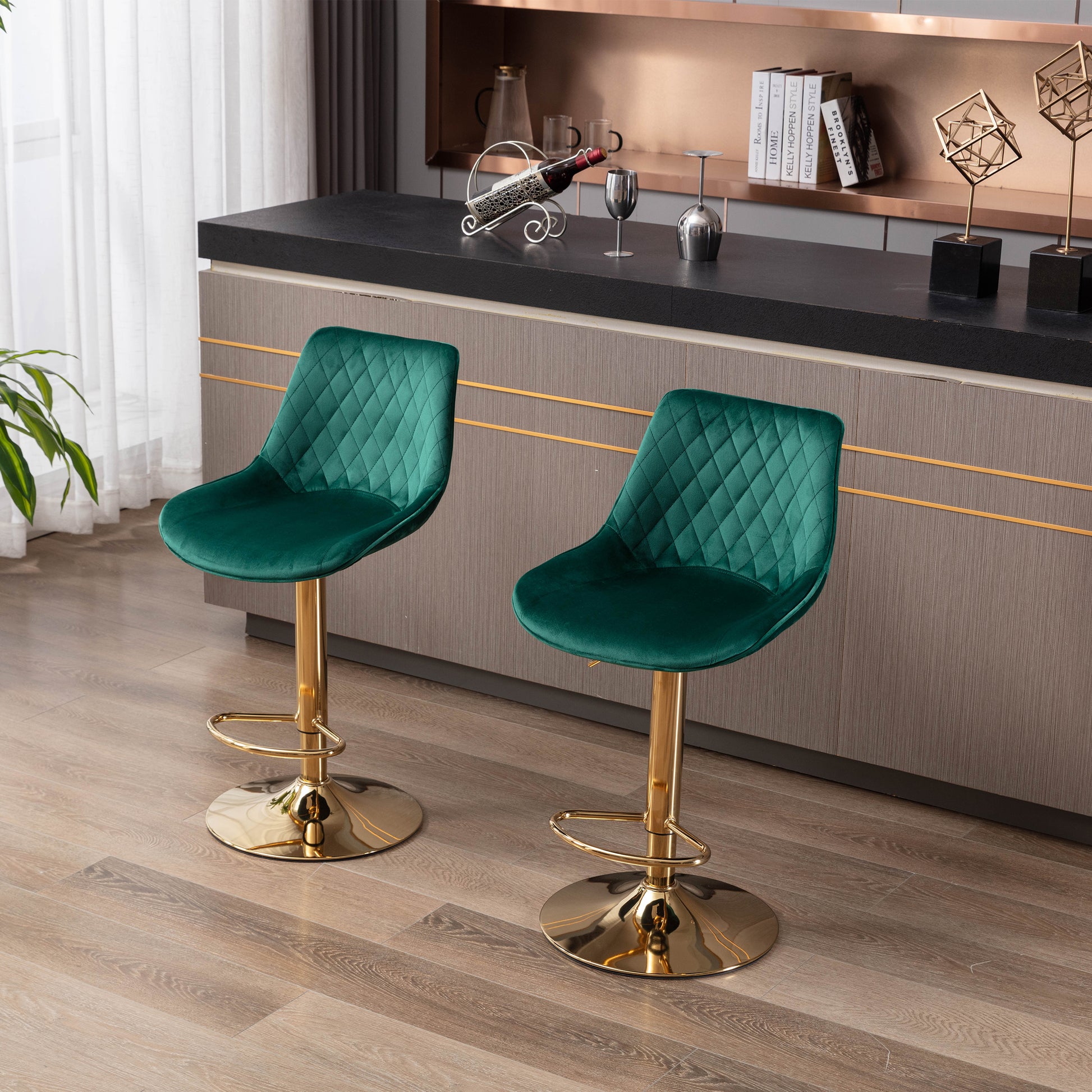 Set Of 2 Bar Stools,With Chrome Footrest And Base Swivel Height Adjustable Mechanical Lifting Velvet Golden Leg Simple Bar Stool Green Green Foam Fabric