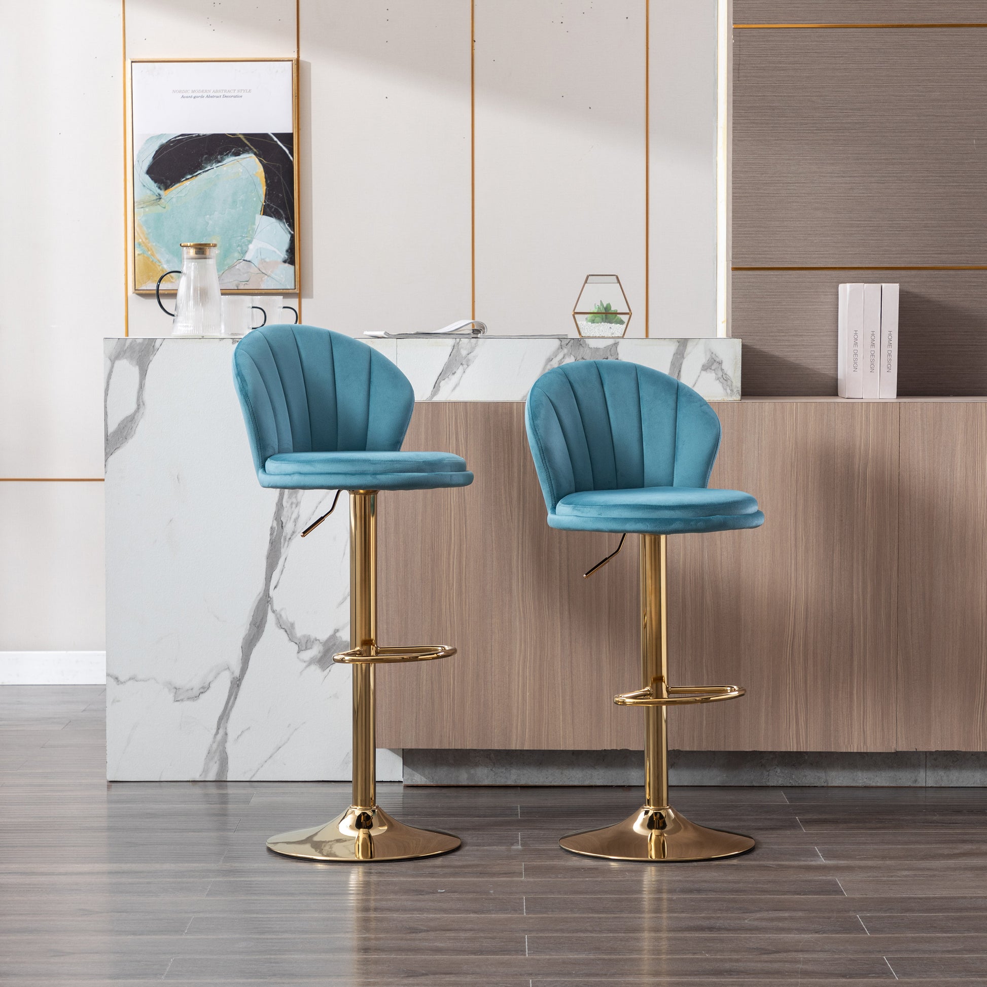 Set Of 2 Bar Stools,With Chrome Footrest And Base Swivel Height Adjustable Mechanical Lifting Velvet Golden Leg Simple Bar Stool Baby Blue Baby Blue Foam Fabric