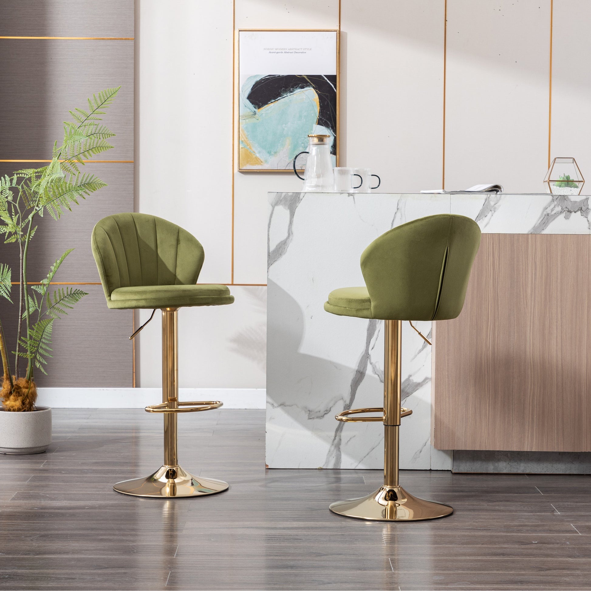Set Of 2 Bar Stools,With Chrome Footrest And Base Swivel Height Adjustable Mechanical Lifting Velvet Golden Leg Simple Bar Stool Light Green Light Green Foam Fabric