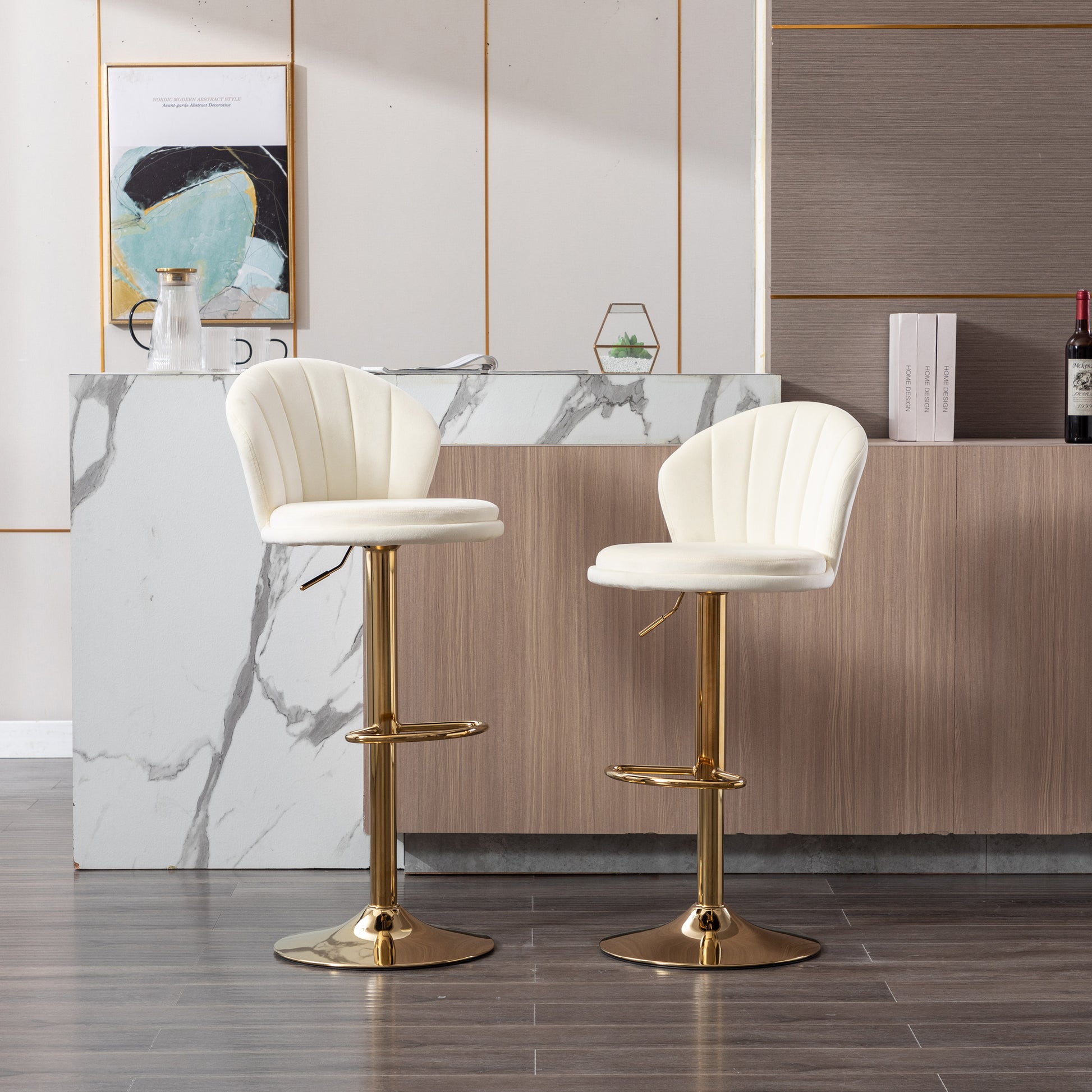 Set Of 2 Bar Stools,With Chrome Footrest And Base Swivel Height Adjustable Mechanical Lifting Velvet Golden Leg Simple Bar Stool Cream Cream Foam Fabric
