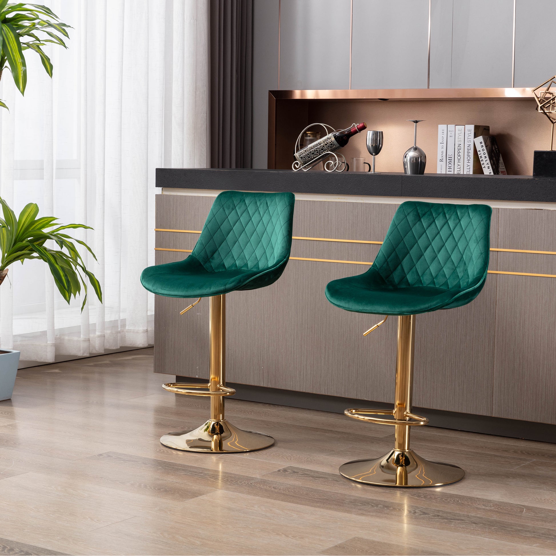 Set Of 2 Bar Stools,With Chrome Footrest And Base Swivel Height Adjustable Mechanical Lifting Velvet Golden Leg Simple Bar Stool Green Green Foam Fabric