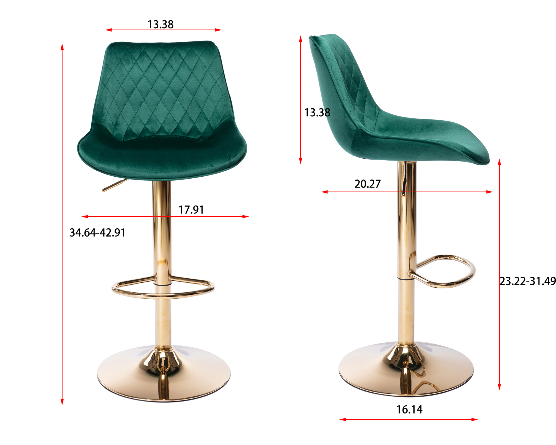 Set Of 2 Bar Stools,With Chrome Footrest And Base Swivel Height Adjustable Mechanical Lifting Velvet Golden Leg Simple Bar Stool Green Green Foam Fabric