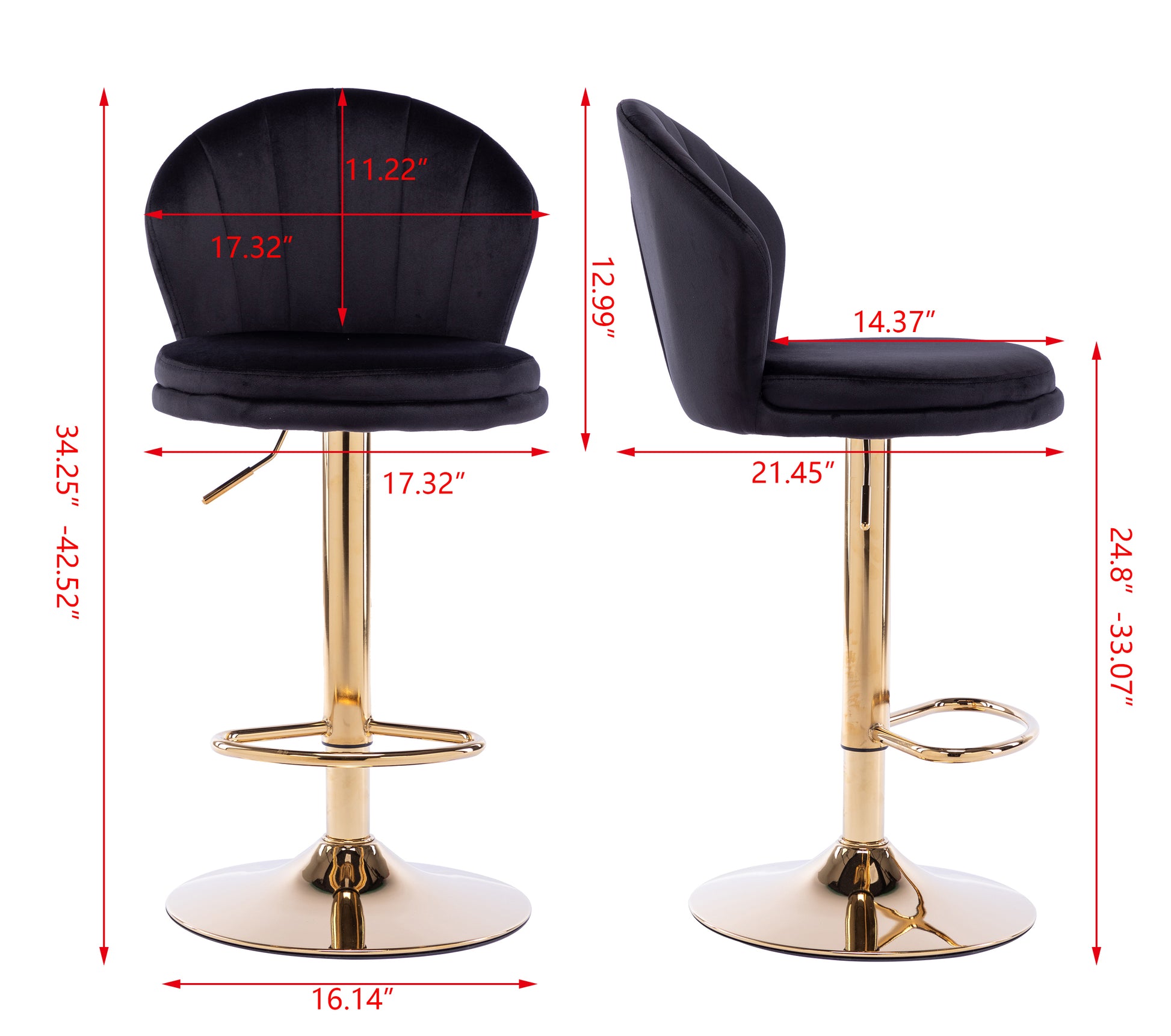 Set Of 2 Bar Stools,With Chrome Footrest And Base Swivel Height Adjustable Mechanical Lifting Velvet Golden Leg Simple Bar Stool Black Black Foam Fabric