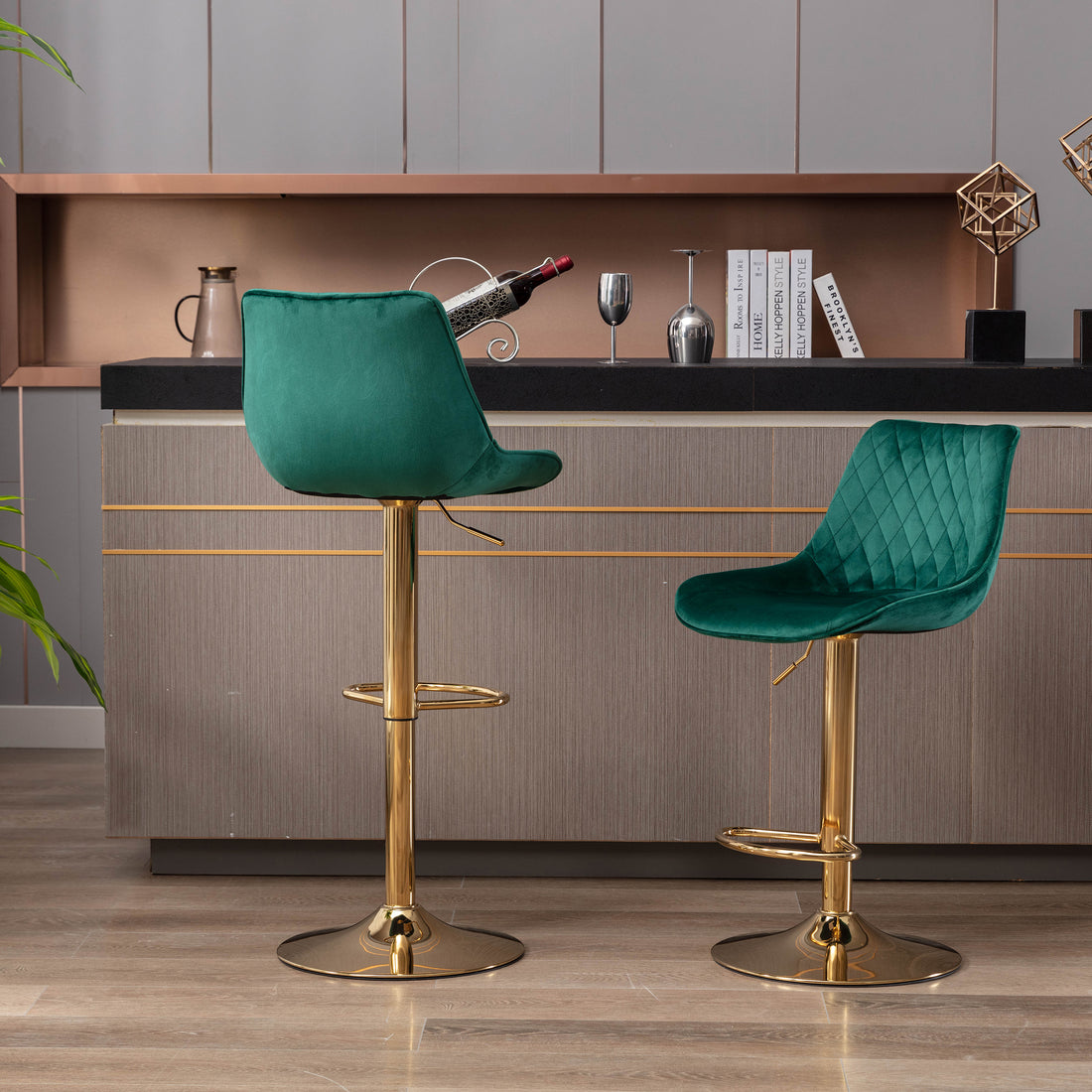 Set Of 2 Bar Stools,With Chrome Footrest And Base Swivel Height Adjustable Mechanical Lifting Velvet Golden Leg Simple Bar Stool Green Green Foam Fabric