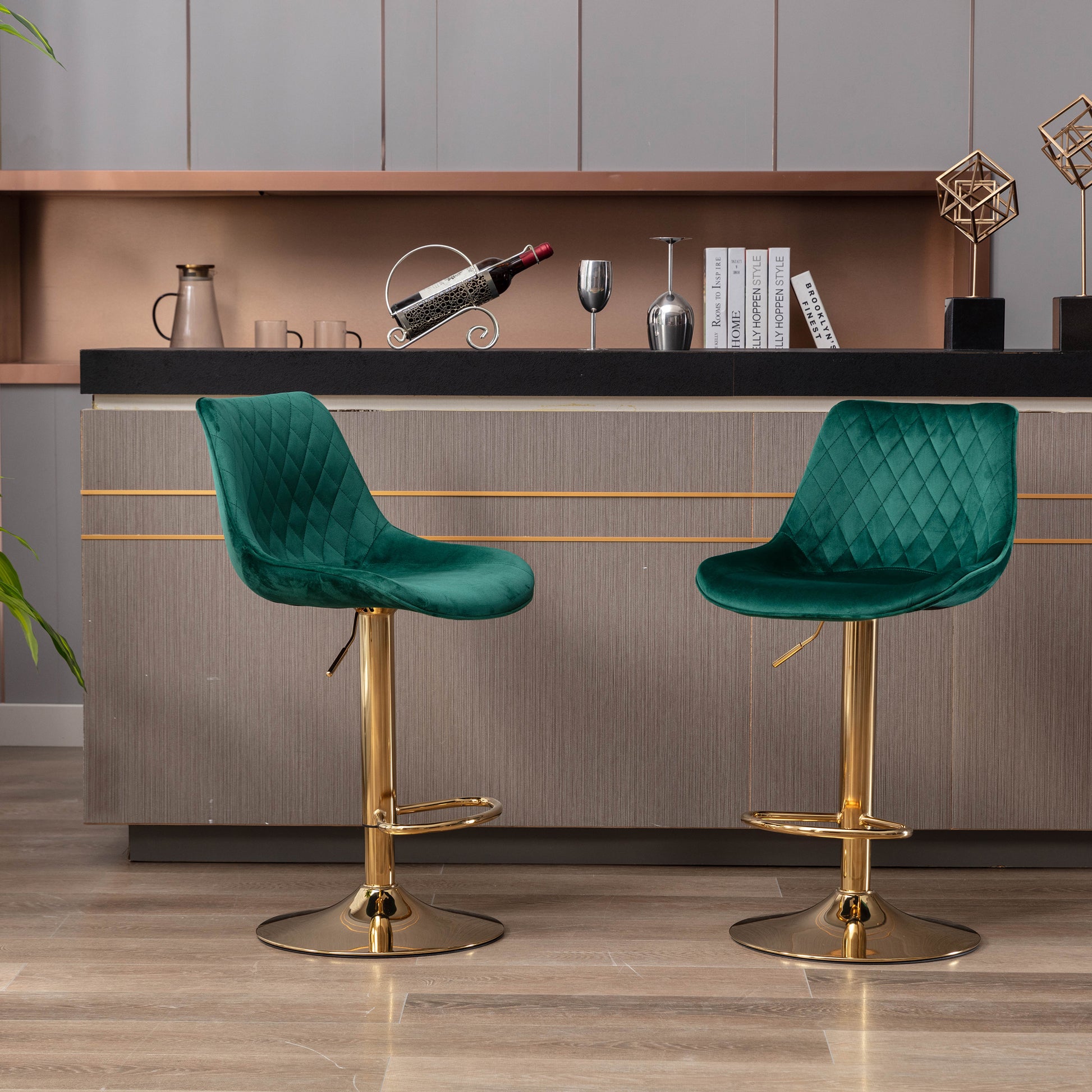 Set Of 2 Bar Stools,With Chrome Footrest And Base Swivel Height Adjustable Mechanical Lifting Velvet Golden Leg Simple Bar Stool Green Green Foam Fabric