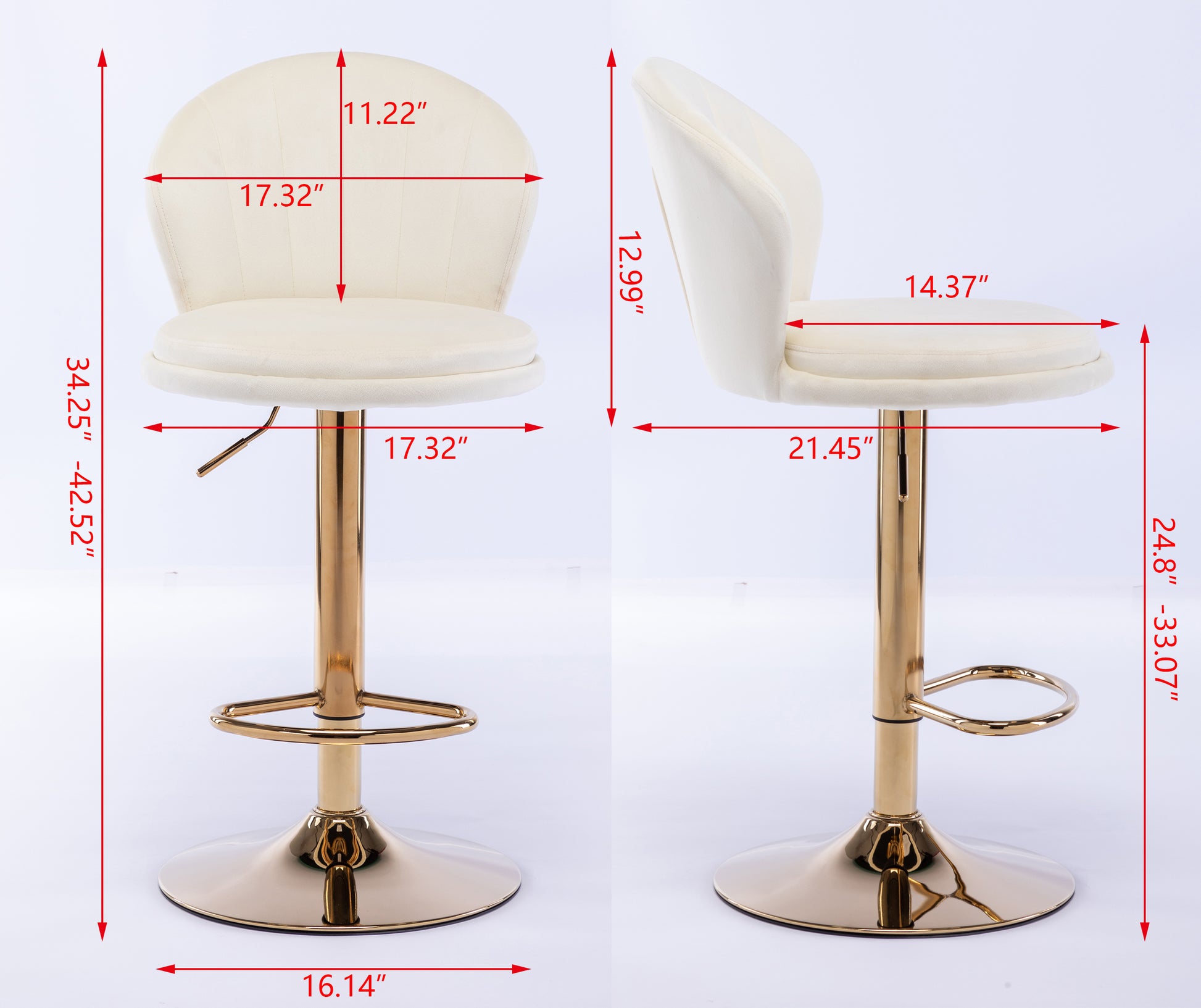 Set Of 2 Bar Stools,With Chrome Footrest And Base Swivel Height Adjustable Mechanical Lifting Velvet Golden Leg Simple Bar Stool Cream Cream Foam Fabric