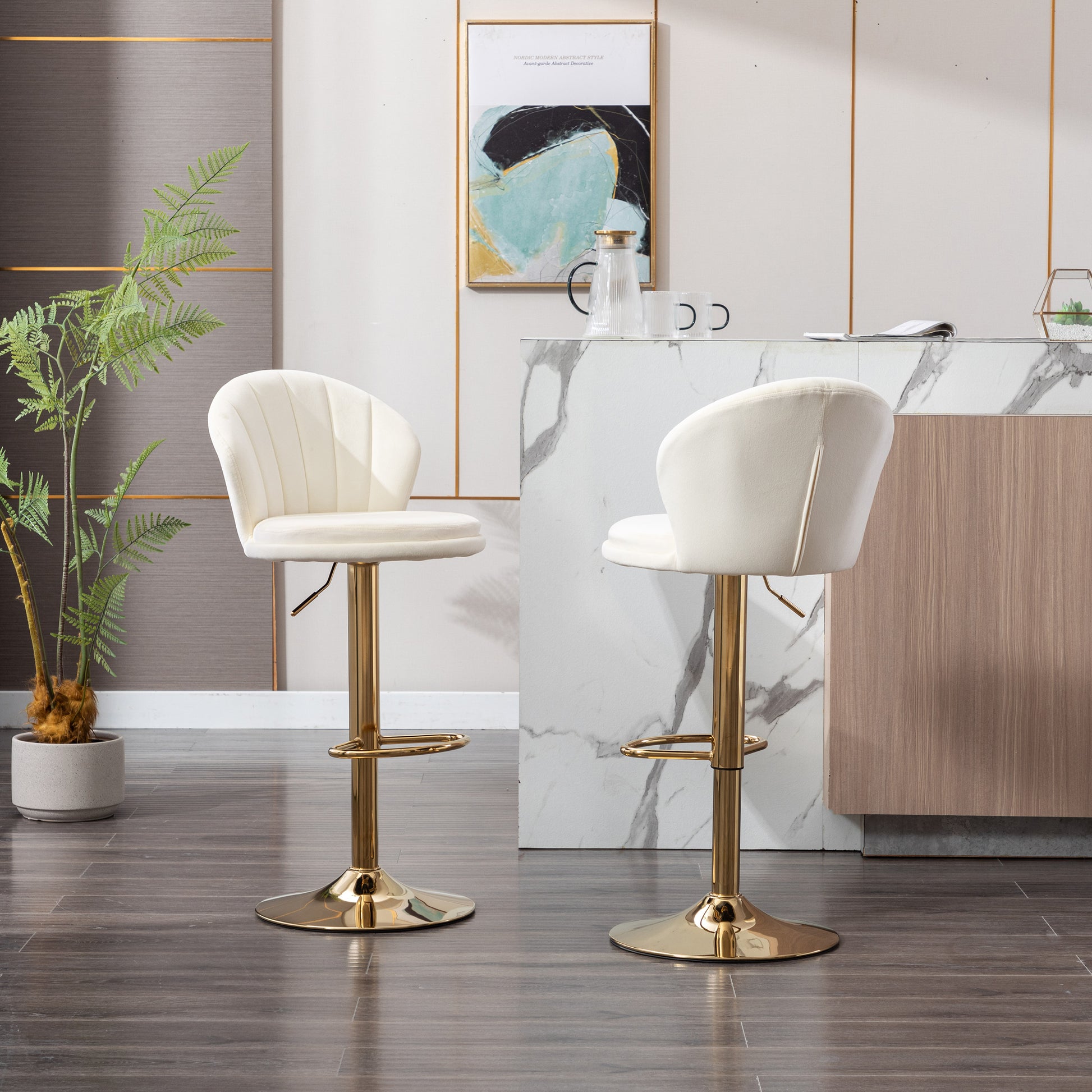 Set Of 2 Bar Stools,With Chrome Footrest And Base Swivel Height Adjustable Mechanical Lifting Velvet Golden Leg Simple Bar Stool Cream Cream Foam Fabric