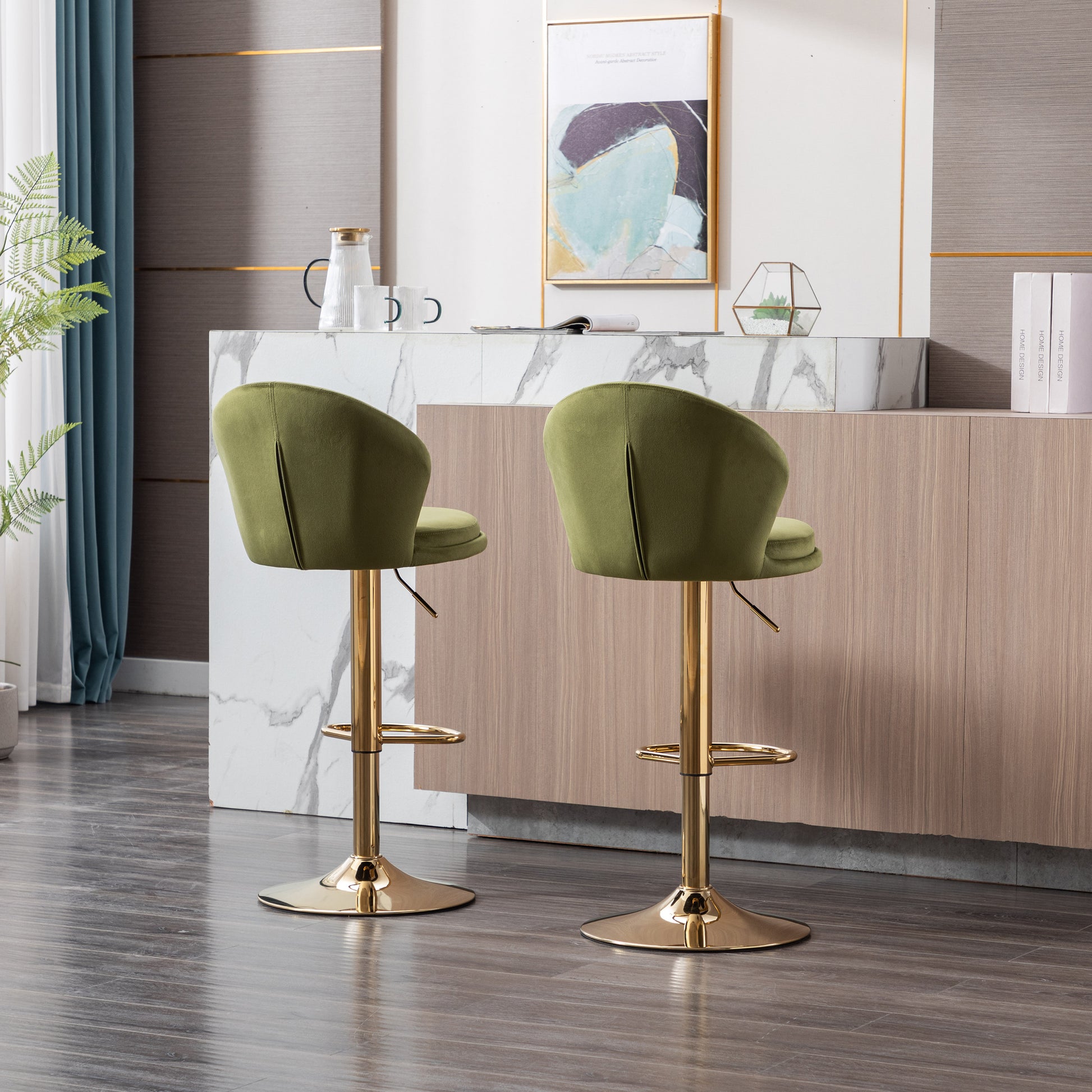 Set Of 2 Bar Stools,With Chrome Footrest And Base Swivel Height Adjustable Mechanical Lifting Velvet Golden Leg Simple Bar Stool Light Green Light Green Foam Fabric