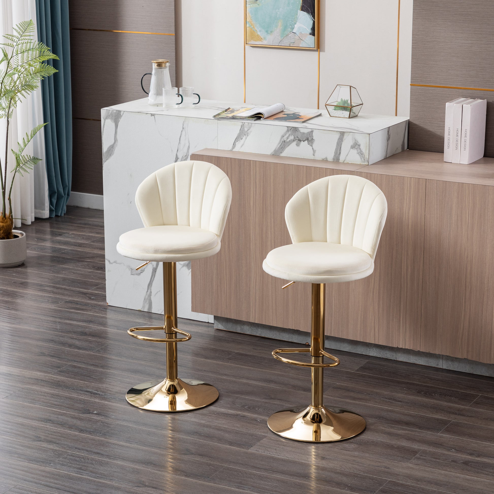 Set Of 2 Bar Stools,With Chrome Footrest And Base Swivel Height Adjustable Mechanical Lifting Velvet Golden Leg Simple Bar Stool Cream Cream Foam Fabric