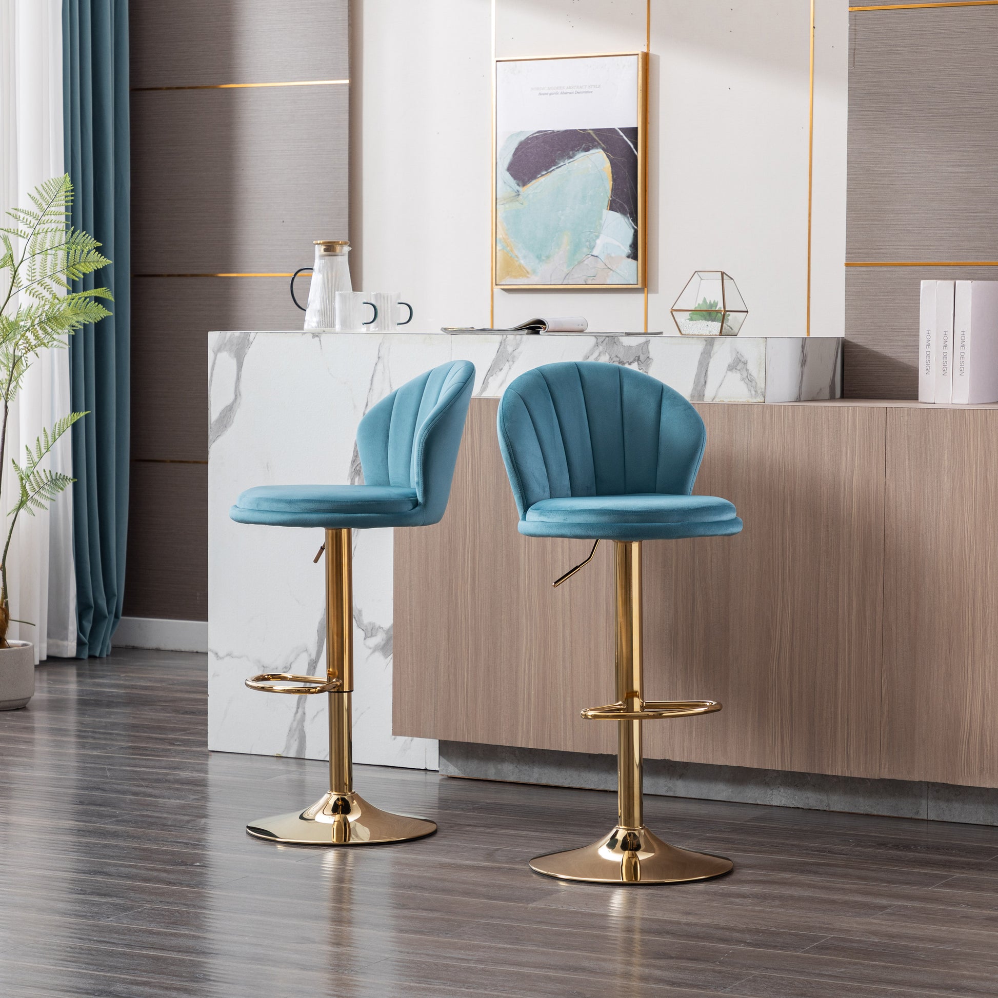 Set Of 2 Bar Stools,With Chrome Footrest And Base Swivel Height Adjustable Mechanical Lifting Velvet Golden Leg Simple Bar Stool Baby Blue Baby Blue Foam Fabric