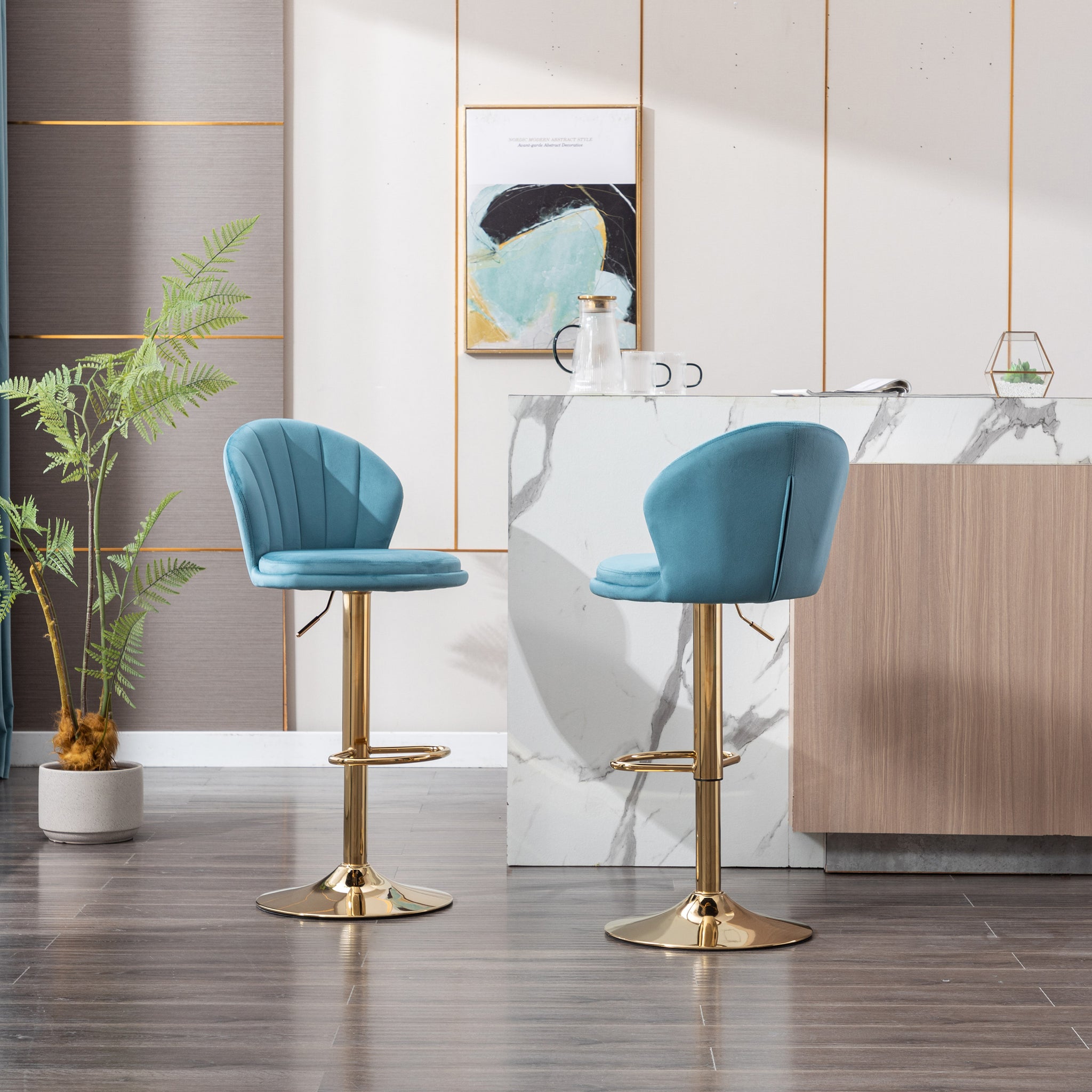 Set Of 2 Bar Stools,With Chrome Footrest And Base Swivel Height Adjustable Mechanical Lifting Velvet Golden Leg Simple Bar Stool Baby Blue Baby Blue Foam Fabric