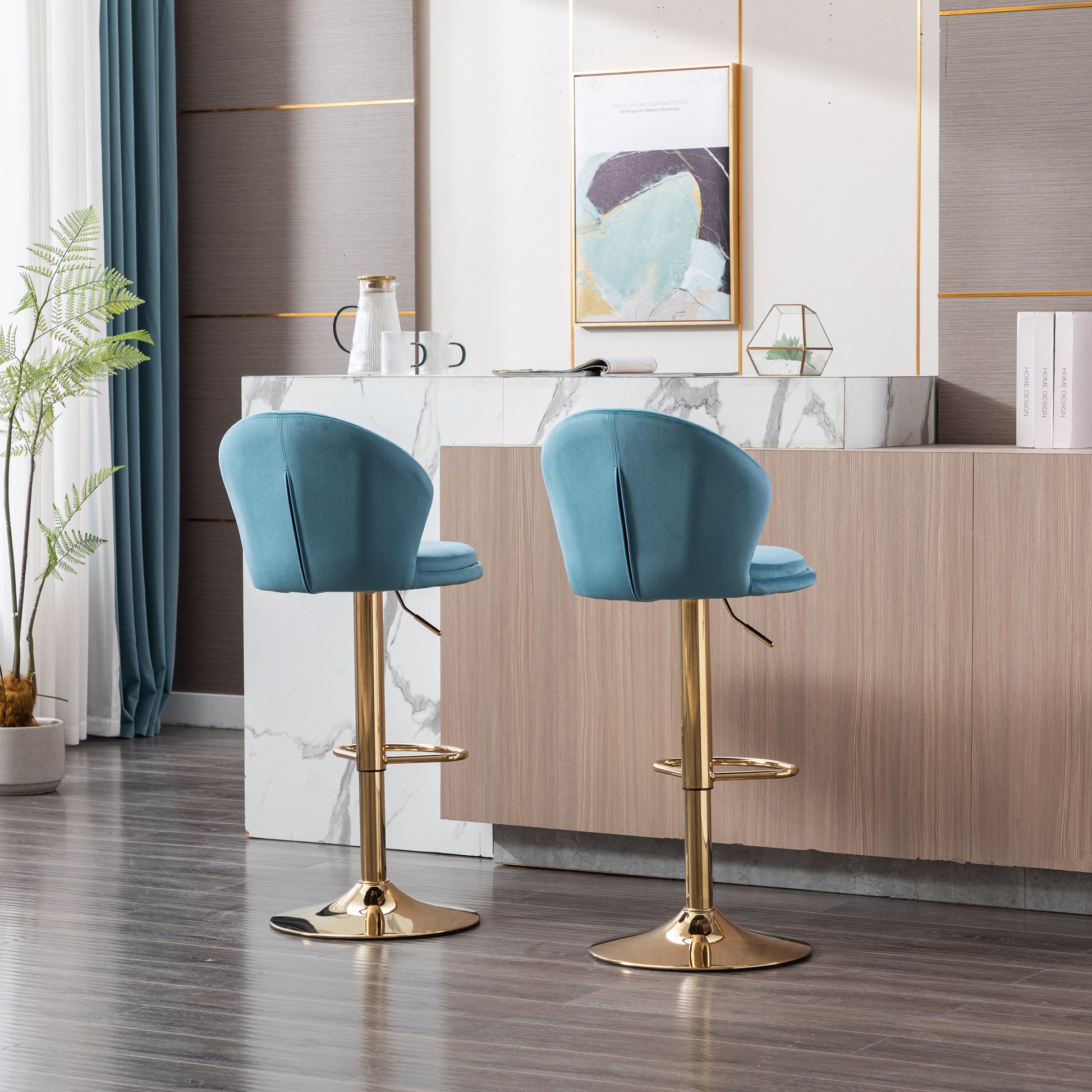Set Of 2 Bar Stools,With Chrome Footrest And Base Swivel Height Adjustable Mechanical Lifting Velvet Golden Leg Simple Bar Stool Baby Blue Baby Blue Foam Fabric