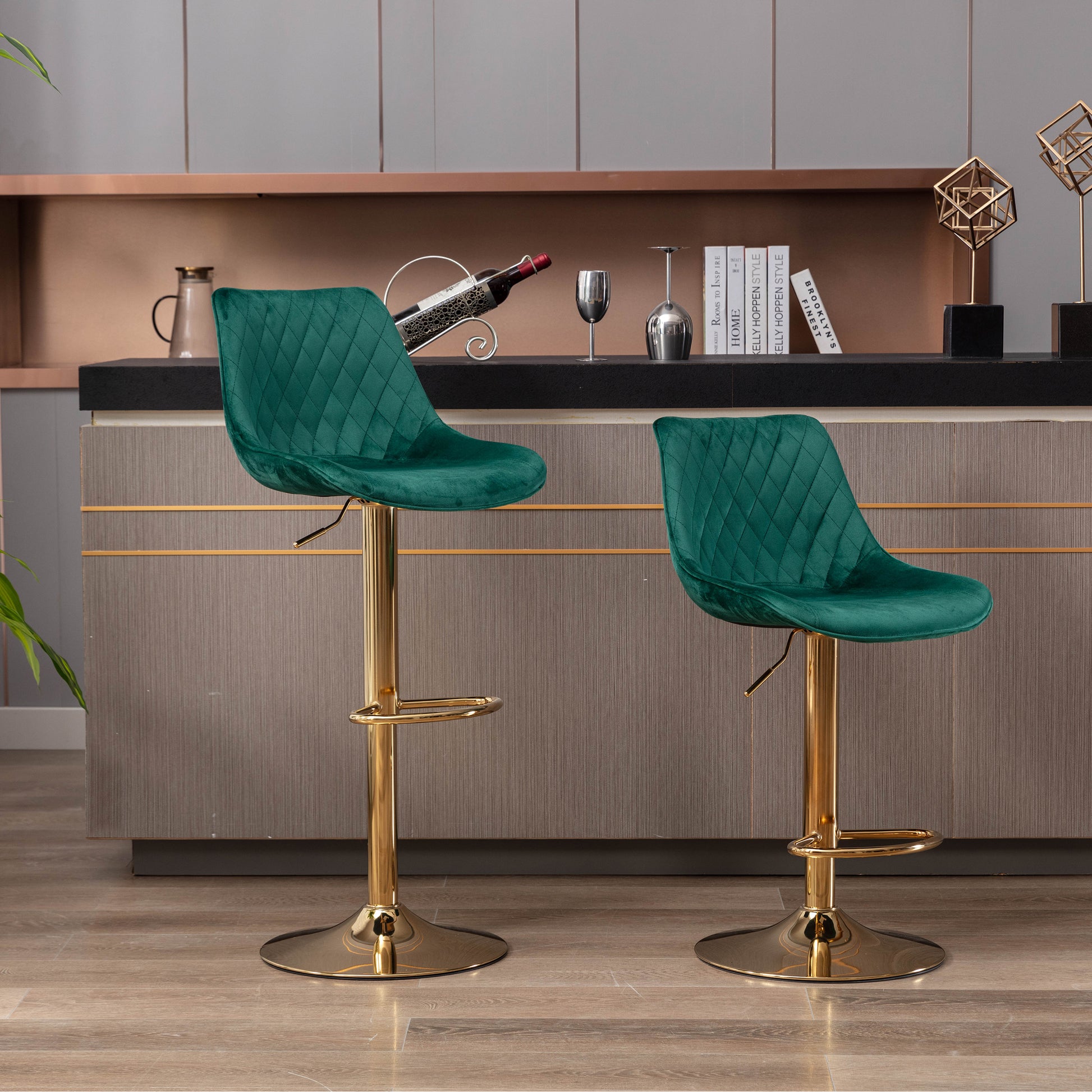 Set Of 2 Bar Stools,With Chrome Footrest And Base Swivel Height Adjustable Mechanical Lifting Velvet Golden Leg Simple Bar Stool Green Green Foam Fabric