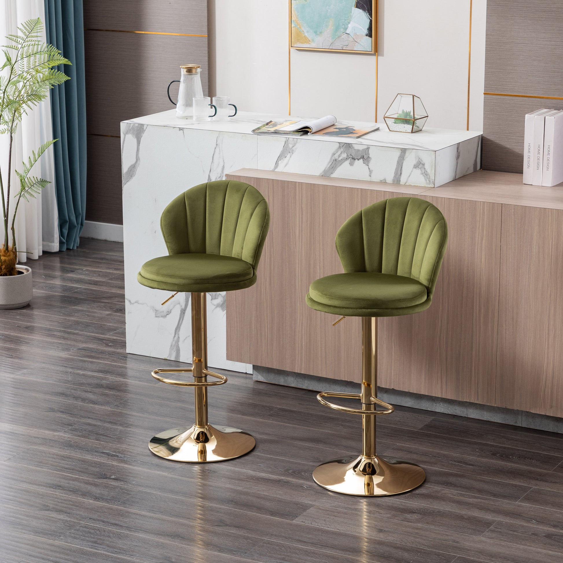 Set Of 2 Bar Stools,With Chrome Footrest And Base Swivel Height Adjustable Mechanical Lifting Velvet Golden Leg Simple Bar Stool Light Green Light Green Foam Fabric