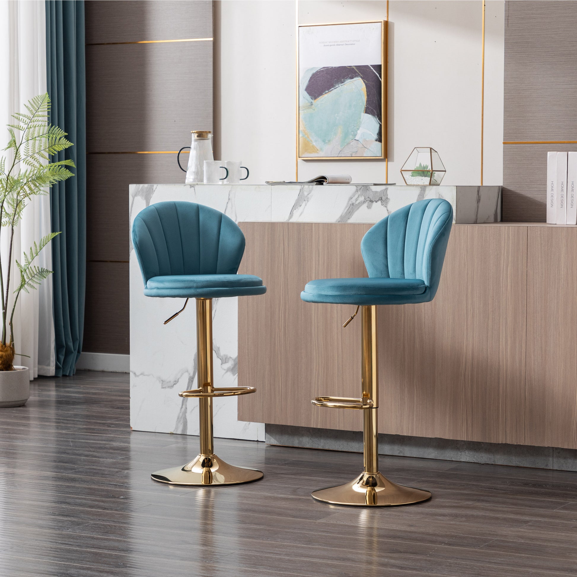 Set Of 2 Bar Stools,With Chrome Footrest And Base Swivel Height Adjustable Mechanical Lifting Velvet Golden Leg Simple Bar Stool Baby Blue Baby Blue Foam Fabric