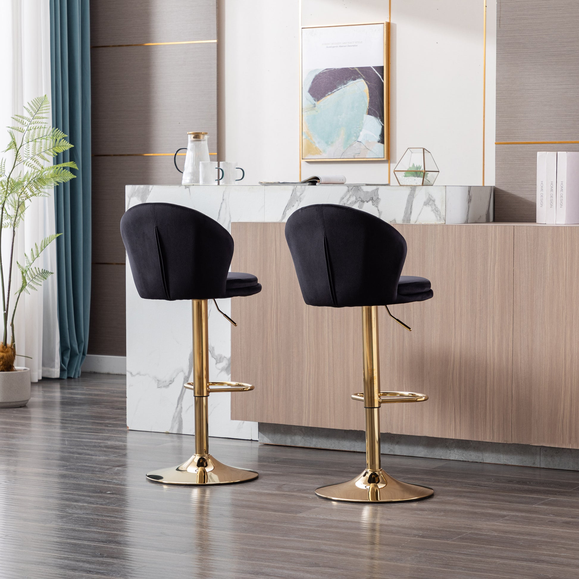 Set Of 2 Bar Stools,With Chrome Footrest And Base Swivel Height Adjustable Mechanical Lifting Velvet Golden Leg Simple Bar Stool Black Black Foam Fabric
