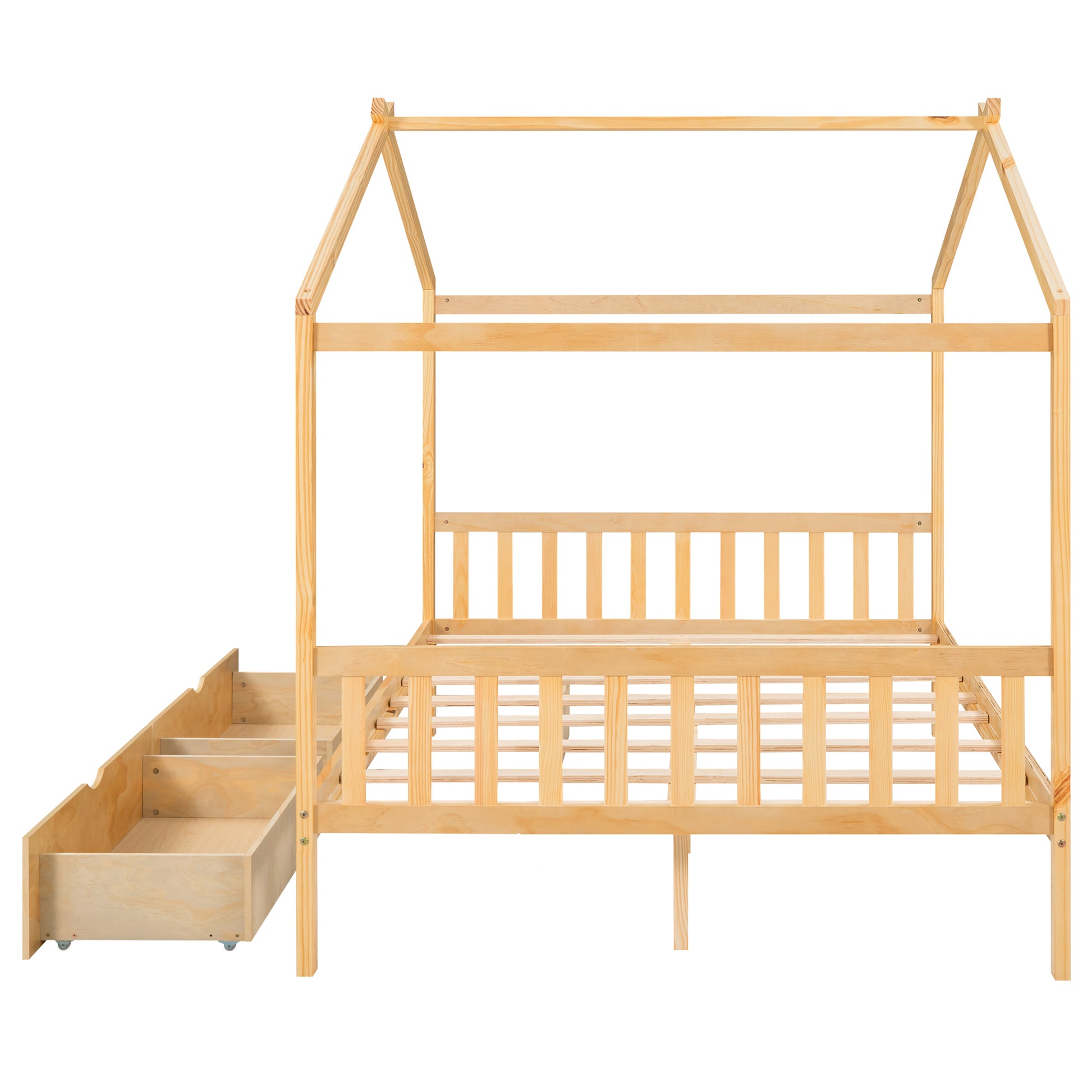 Full Size House Platform Bed With Two Drawers,Headboard And Footboard,Roof Design,Natural Natural Pine
