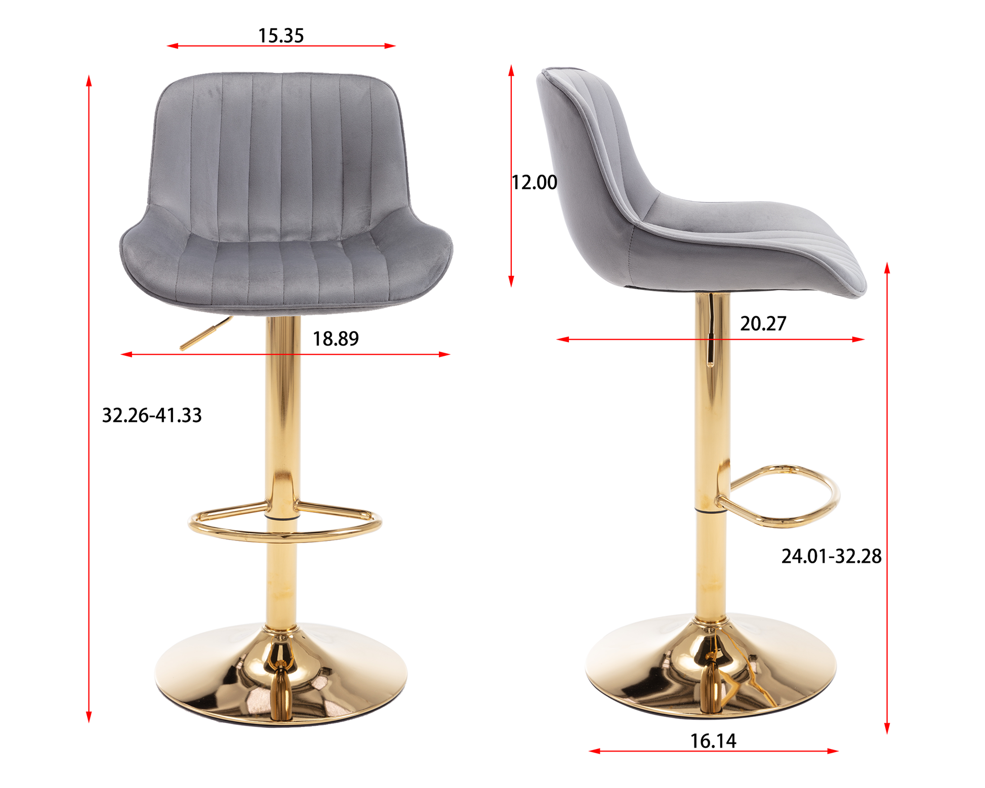 Chrome Footrest And Base Swivel Height Adjustable Mechanical Lifting Velvet Golden Leg Simple Bar Stool,Set Of 2,Grey Grey Foam Fabric