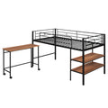 Twin Size Metal Loft Bed With Desk And Shelves,Black Twin Black Metal