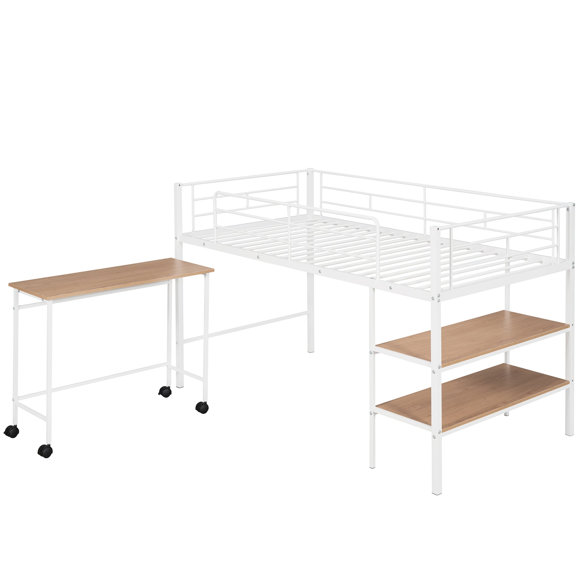 Twin Size Metal Loft Bed With Desk And Shelves,White Twin White Metal
