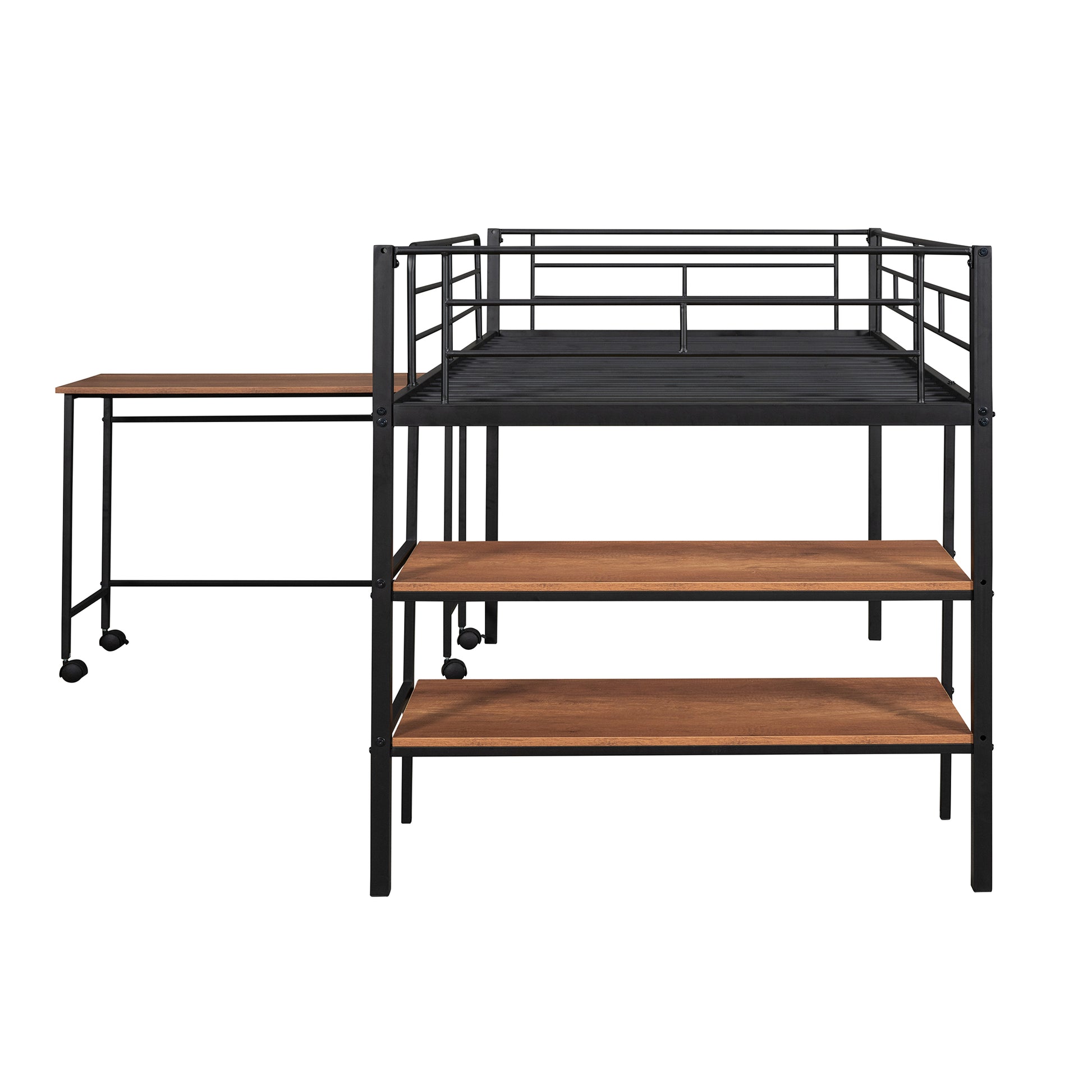 Twin Size Metal Loft Bed With Desk And Shelves,Black Twin Black Metal