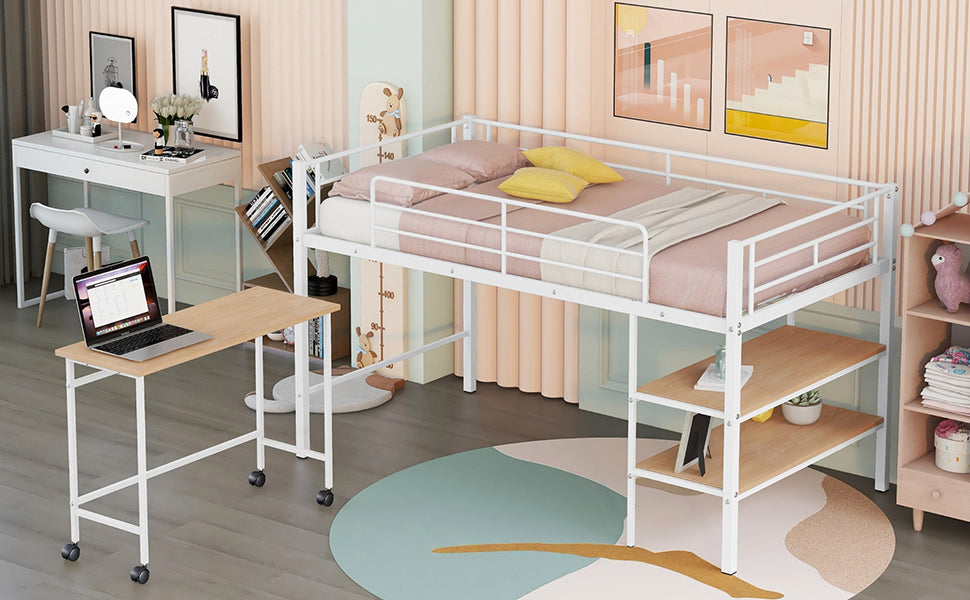 Twin Size Metal Loft Bed With Desk And Shelves,White Twin White Metal