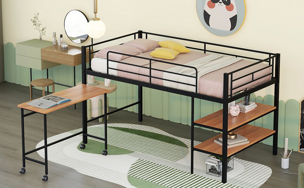 Twin Size Metal Loft Bed With Desk And Shelves,Black Twin Black Metal
